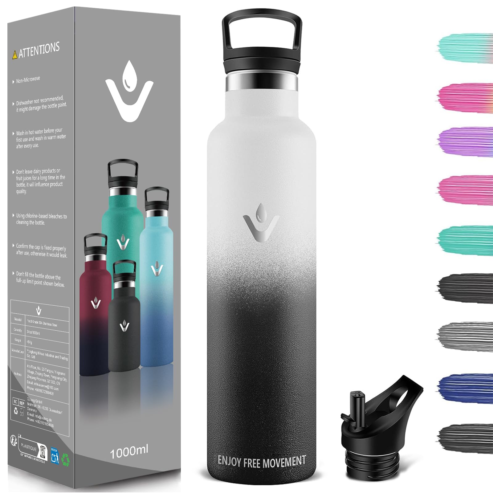 Trinkflasche Edelstahl 1L, BPA-Frei, Thermosflasche, Auslaufsichere Isolierflasche Doppelwandig, Wasserflasche, Thermoskanne, mit Strohhalm, Trinkflasche Kohlensäure Geeignet für Camping