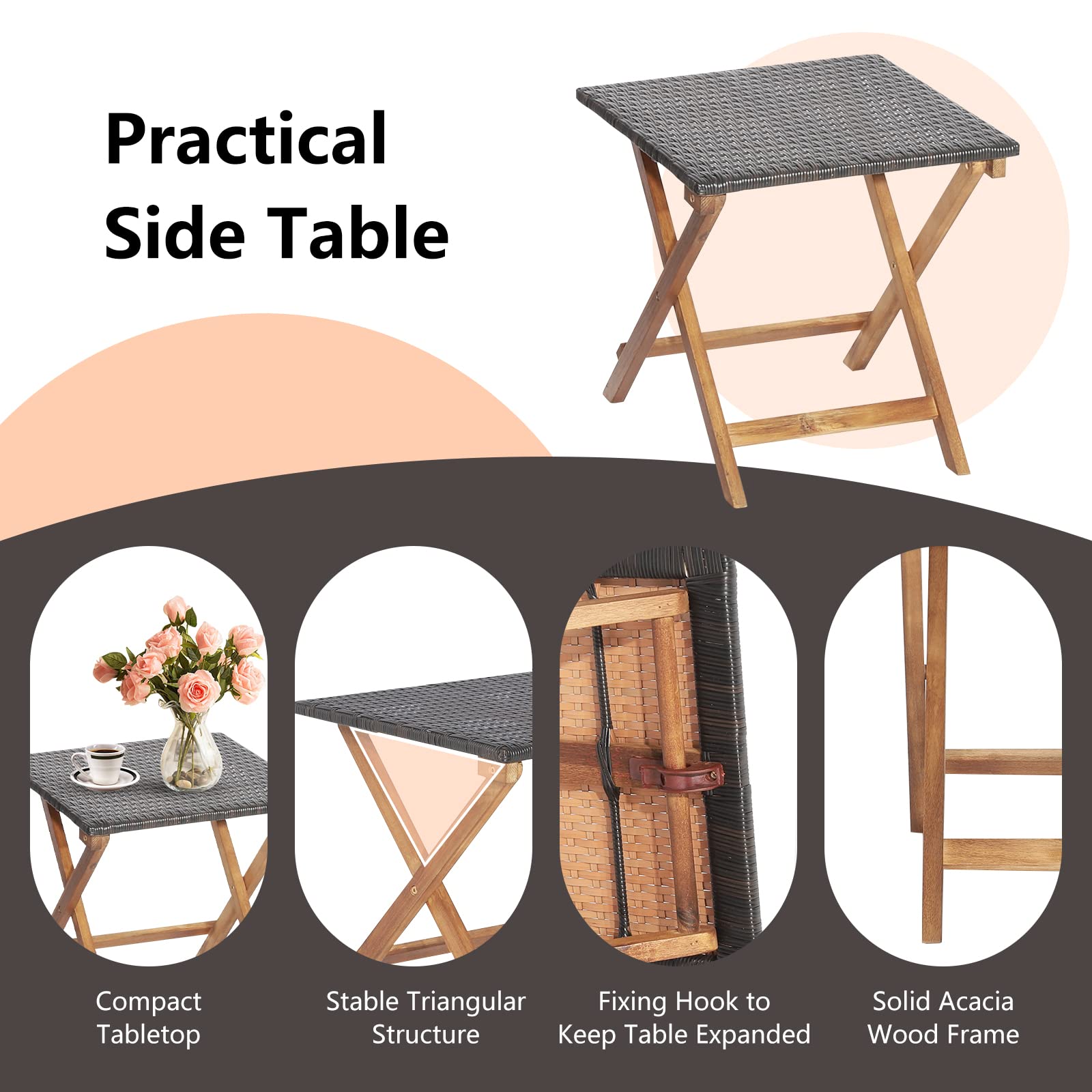 GIANTEX Juego de Tumbonas de Patio, Tumbona Plegable de Exterior de Madera con Mesa Auxiliar, Asiento y Tablero de Ratán con Reposabrazos y Otomana Retráctil para Patio, Piscina