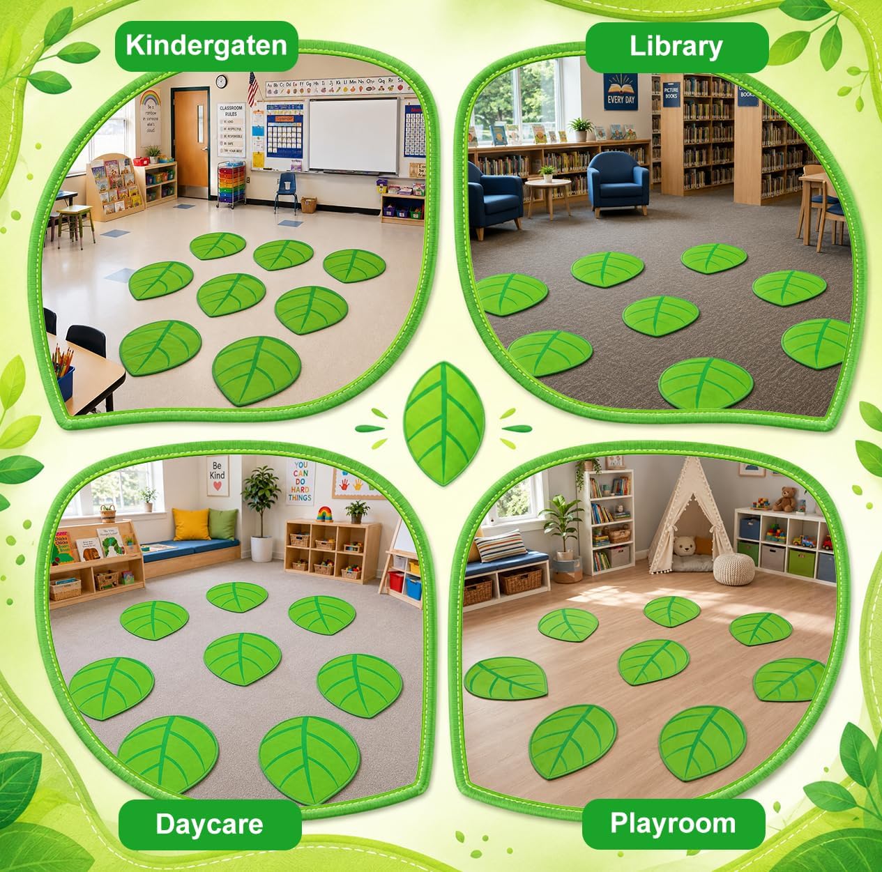 12 Pcs Green Leaf Carpet for Classroom Sitting,16 Inch Non-Slip Classroom Rugs,Flexible Leaf Floor Seats for Elementary,Preschool,Kindergarten,Daycare,Reading Corner,Learning and Play Areas