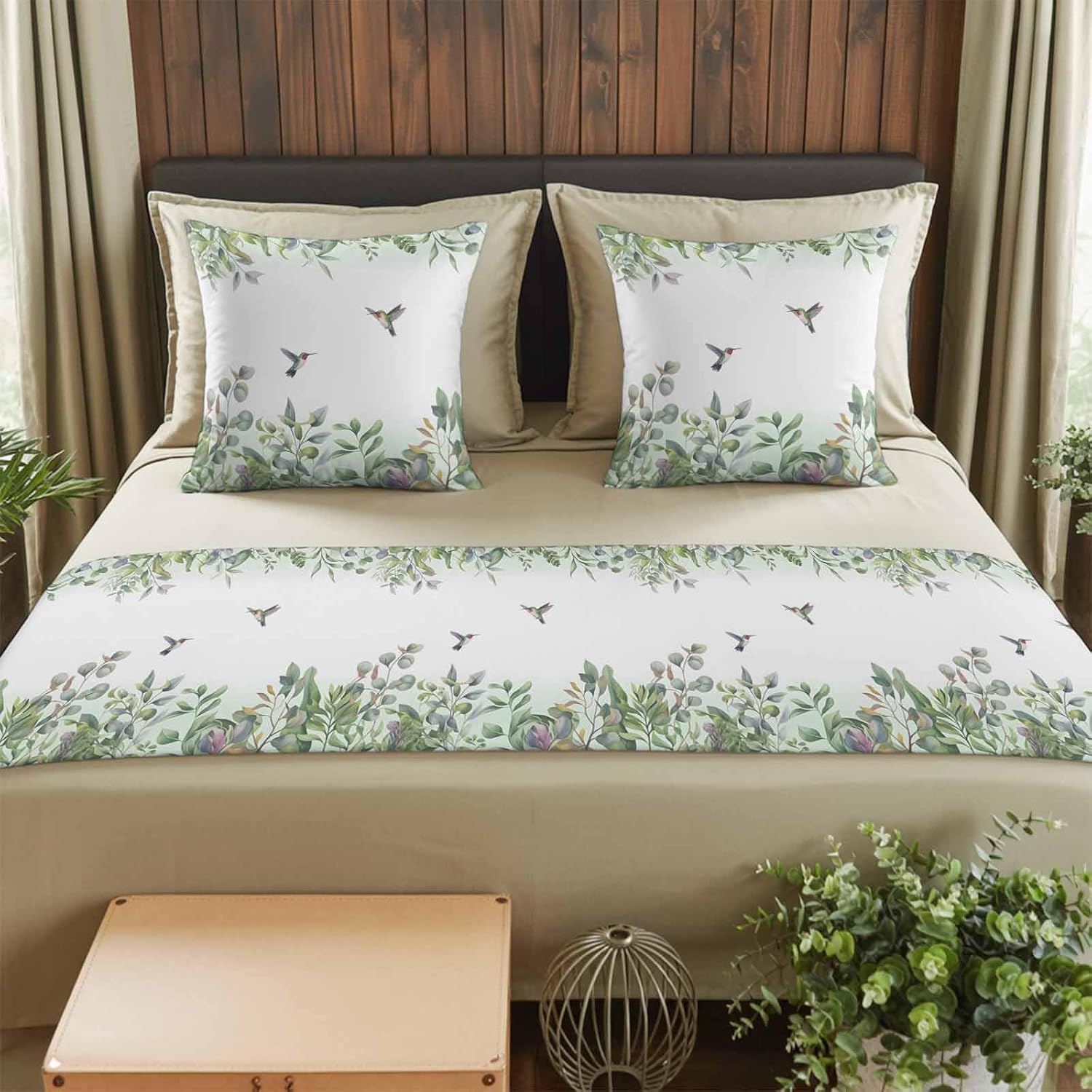 Leaf Bird Bed Runners for Queen Size Beds Sage Greeen Botanical Watercolor Animals Bed Scarf Matching Decorative Throw Pillow Covers Hotel Beds End Blanket Towel Soft Bedspread Protection for Bedroom