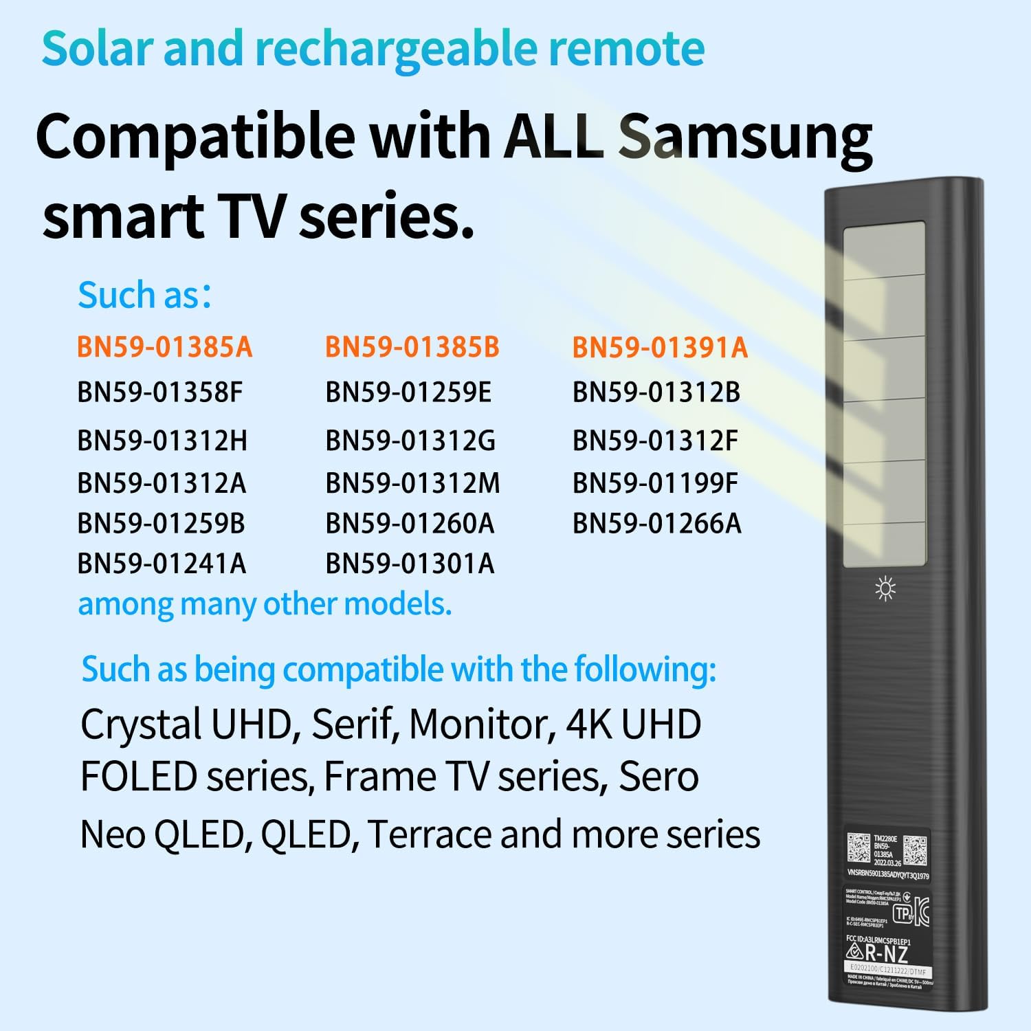 BN59-01385A BN59-01391A BN59-01357A Solar Voice Remote Replacement for Samsung Frame Smart TV Remote with Rechargeable Solar Cell