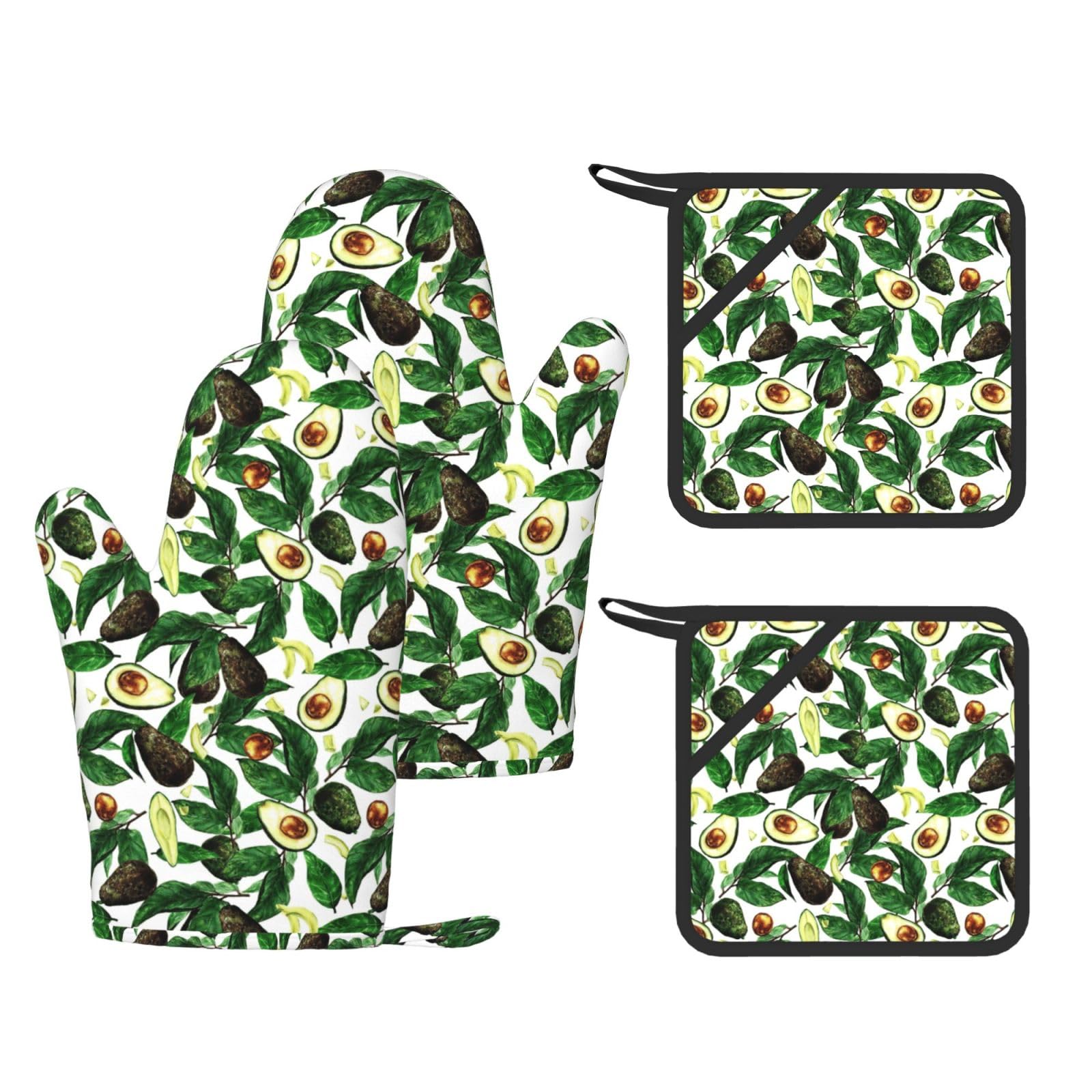 Eeprty Black Avocados Printed Kitchen Oven Gloves And Potholder 4 Pcs, Non-Slip Heat Resistant Mitts For Baking Chef