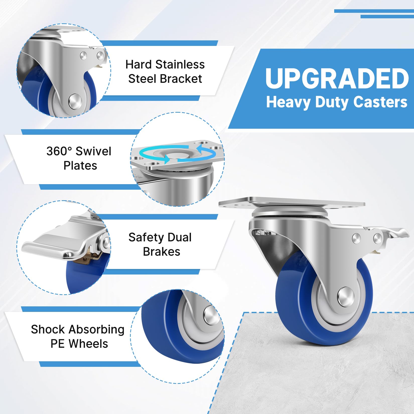 75mm Ruote in Acciaio Inox per Carrelli Pesanti, Capacità di 540kg, Ruote Girevoli Industriali con Freni, Rotelle Resistenti al Calore per Mobili, Dispositivi Medici, Utilizzo All'Aperto