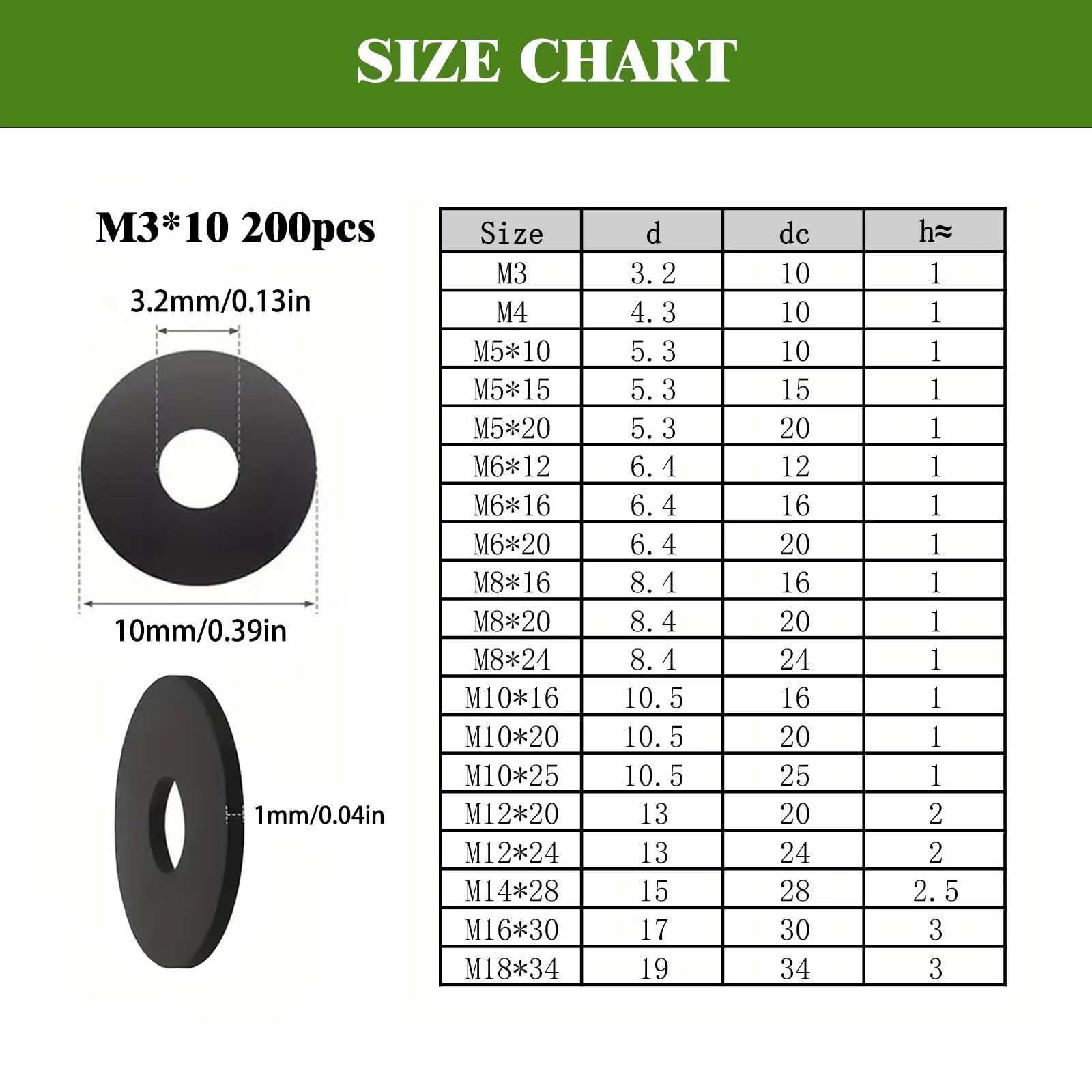 Hexizexi 200 Pcs Black Washers M3x10mm Black Stainless Steel Washers for Screws Nuts Bolts, M3*10mm 200pcs - Image 2