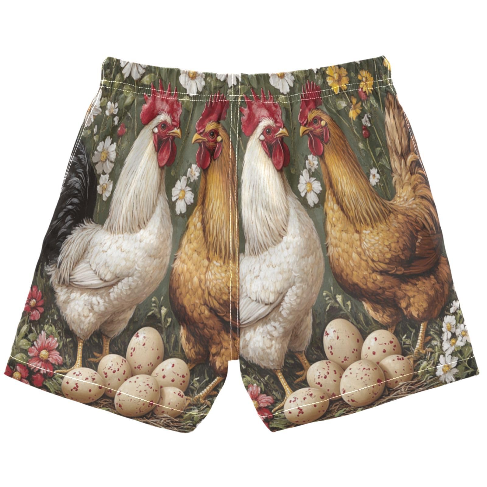 Pigsaly Boys Swim Trunks Vintage Spring Red Daisy Flowers Chicken Hen Rooster Toddler Beach Board Shorts Bathing Suit XS