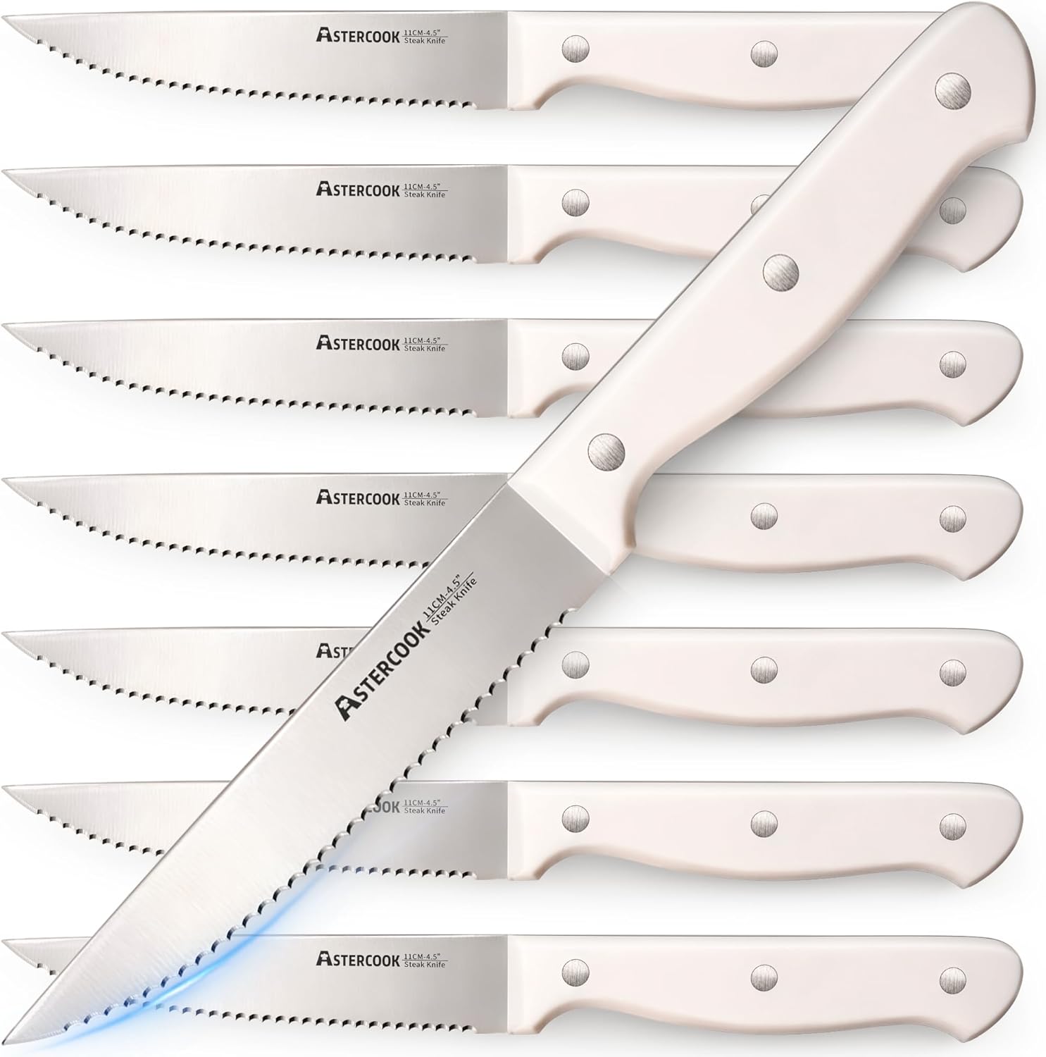 Astercook Steak Knives, Steak Knives Set of 8, High Carbon Stainless Steel Steak Knife Set with Full Tang Handle, Dishwasher Safe Serrated Knife, Elegant Cream White