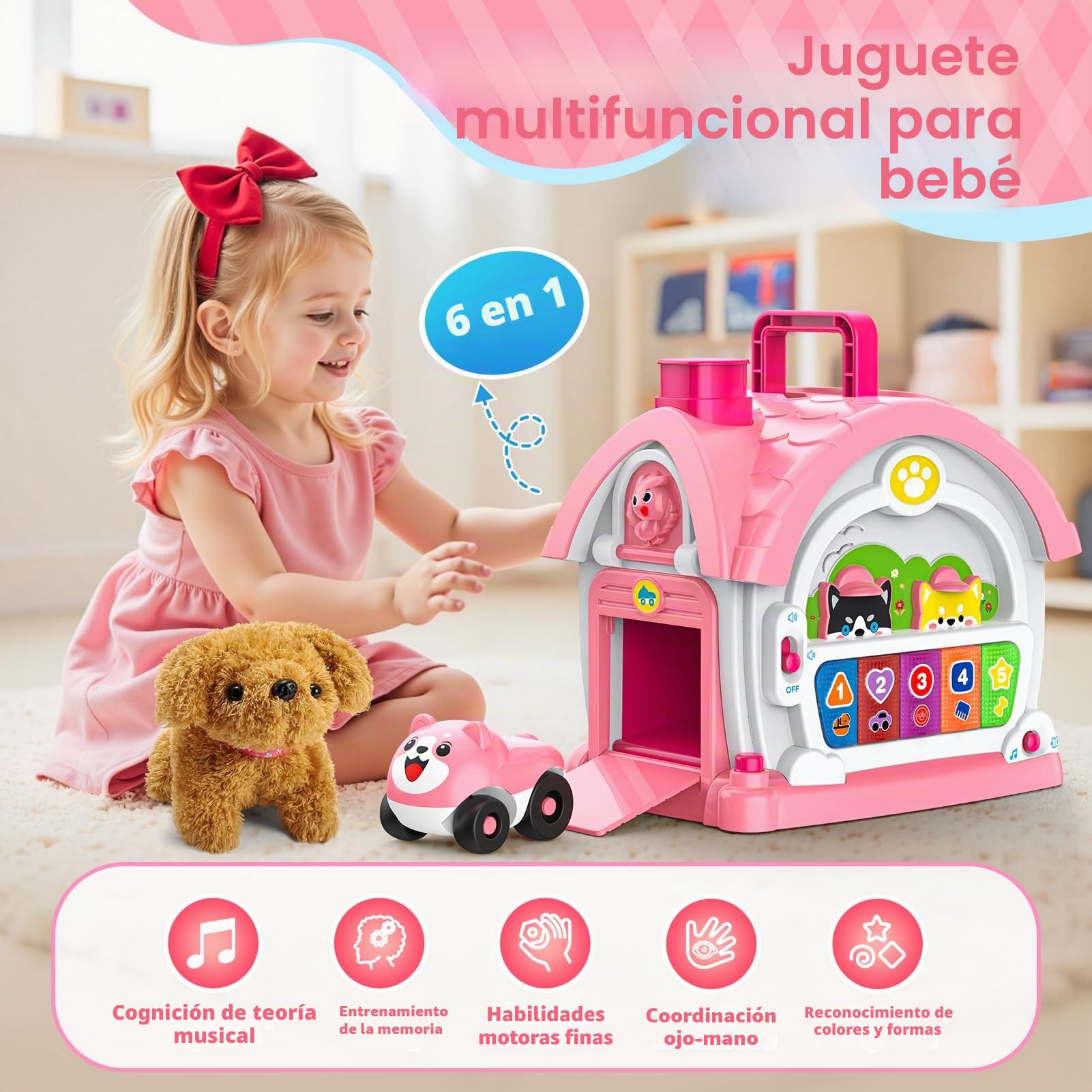 Juguetes para niñas de 1 y 2 años: juguete Montessori para 1 año, casa de actividades multifuncional 6 en 1 para bebés con coche/música, regalos de cumpleaños para niñas de 1 y 2 años