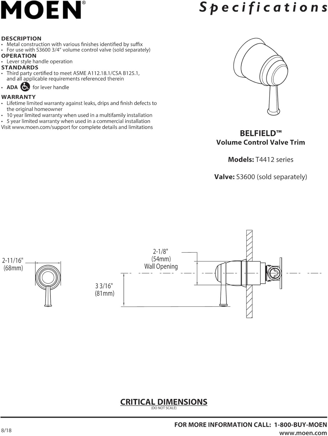 Moen T4412 Belfield Volume Control Valve Trim Kit, Valve Required, Chrome