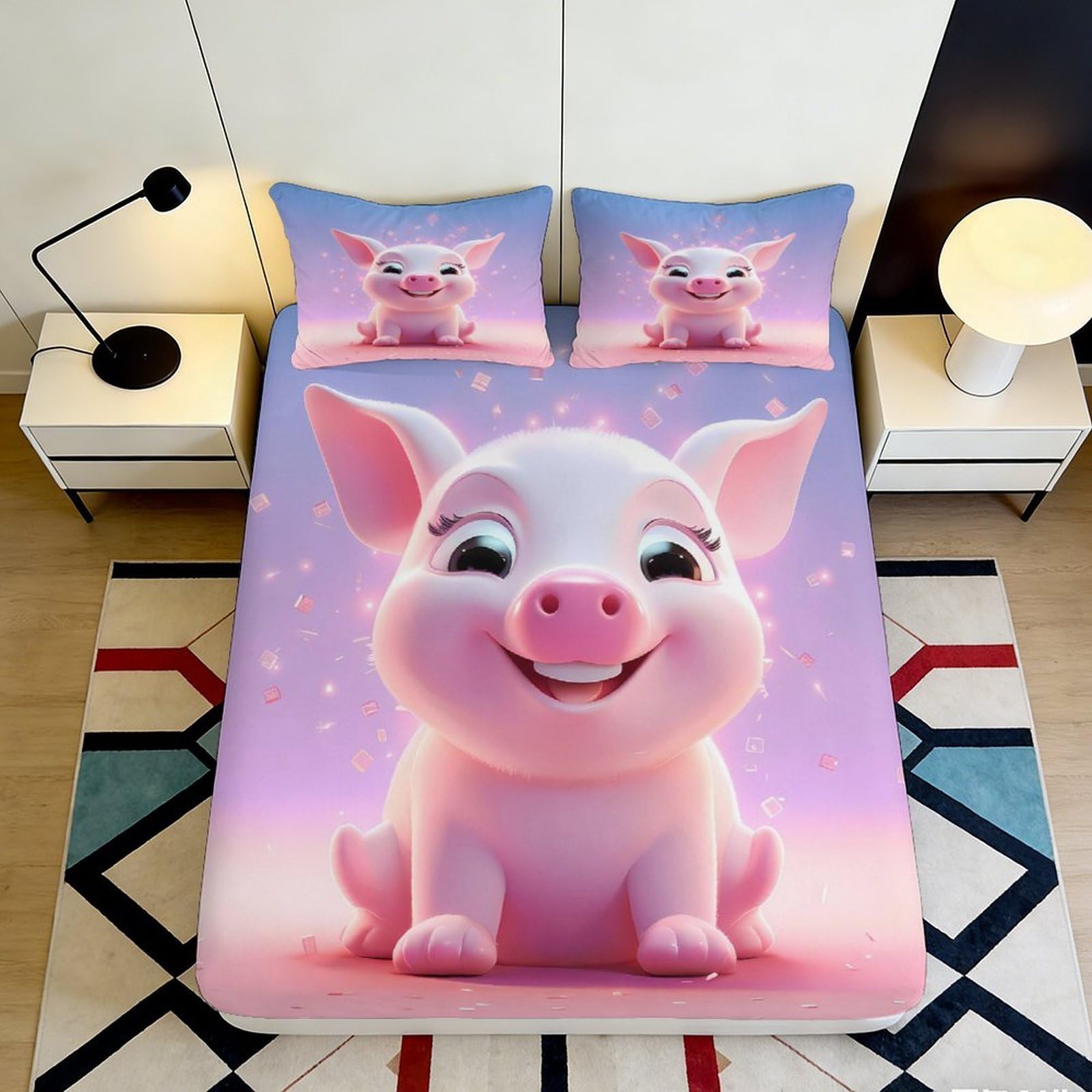 3D Printed Cute Pink Pig Fitted Sheet Microfiber Anti-Slip Cartoon Animal Mattress Cover Bedroom Dorm Decor 120x200cm 160x200x25cm