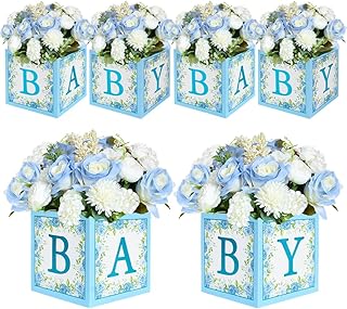 TONIFUL Blue Flower Baby Letter Boxes - 6Pcs for Baby Shower Decorations, Baby Shower Table Decorations,Baby Blocks for Baby Shower, Elegant Flowerless Box with Printed Letters (BABY) for Boys