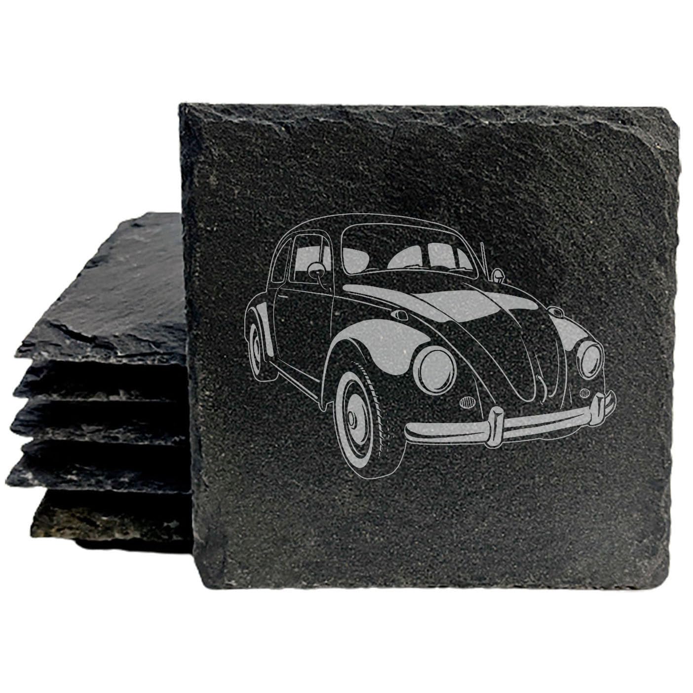 Vintage VW Inspired Beetle Delight: Set of Slate Coasters with Laser-Etched Charm - Stylish Home Decor for Car Enthusiasts! - Square Slate - Set of 4