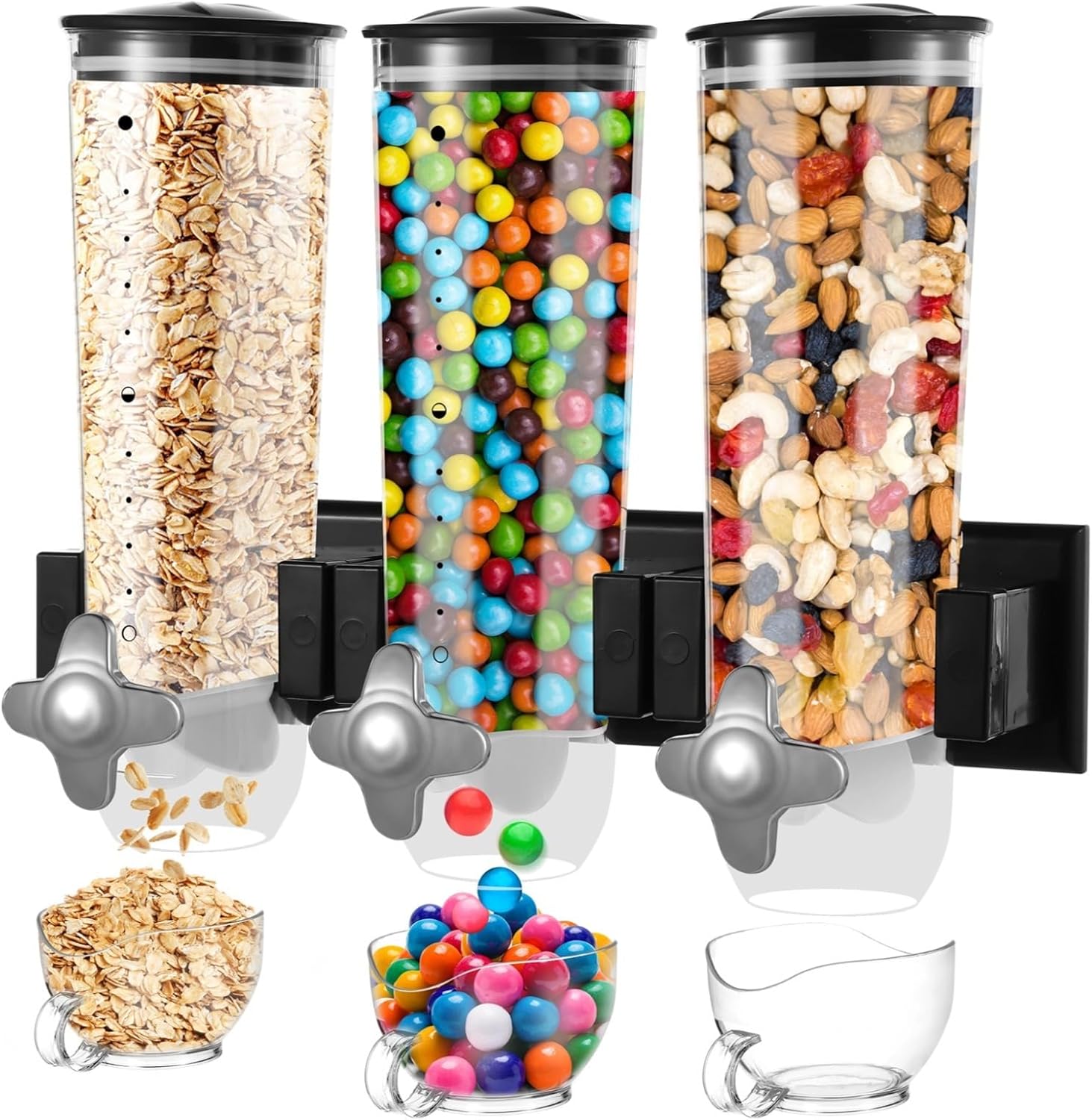 Wall-Mounted 3-Head Cereal Dispenser, 4.5L Dry Food Storage Container, Dispenser for Wall, Clear Grain Canister for Snacks, Nuts, Coffee Beans