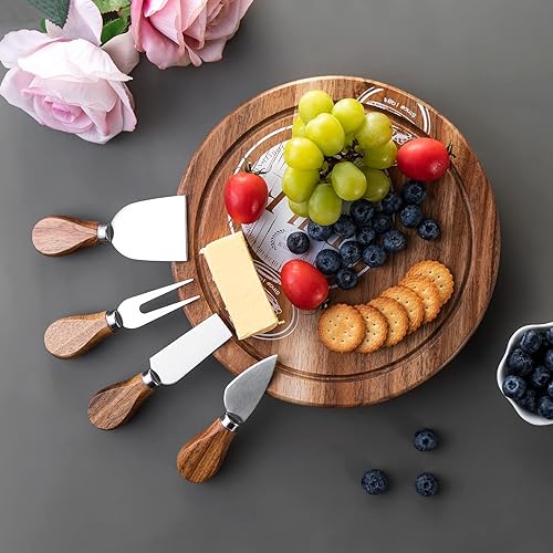 Miniatura 4 de Juego de tablas de queso de madera de acacia, tabla de charcutería y plato para servir queso con 4 cuchillos de queso de acero inoxidable, ideal
