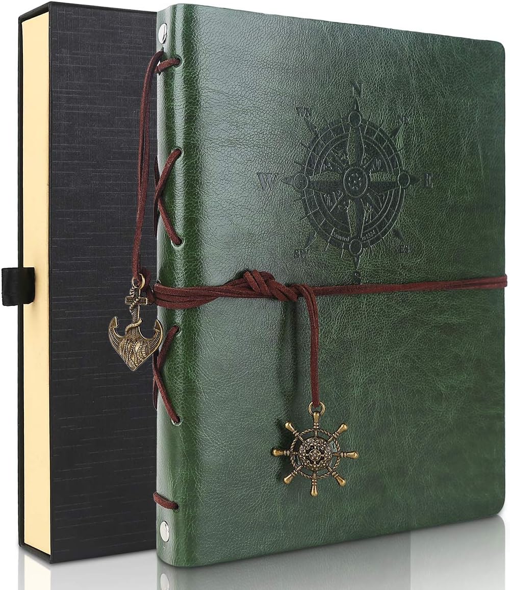 Scrapbook Album, Leather Photo Album ”Compass Adventure” Memories DIY Scrap Book Wedding Guest Book with 60 Pages, for Travel Vacation Gifts Birthday Anniversary Presents (Green)