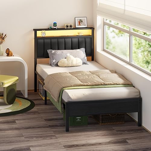 Miniatura 9 de Furnulem - Base de cama tamaño individual con estación de carga y luces LED, plataforma con listones de metal, cabecera tapizada gris con estantes