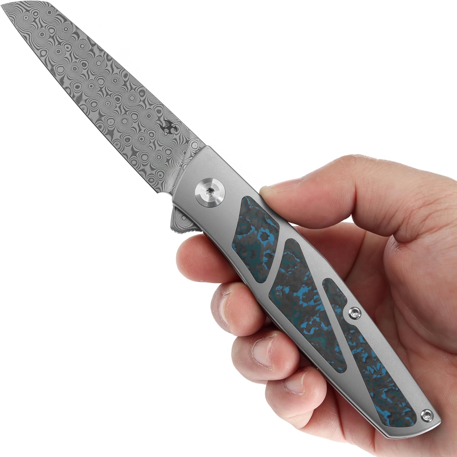 KANSEPT Cru Camping Pocket Knives for Men 8.19" Folding Pocket Knives with 3.46" Damascus and Purple Plain Titanium & Artic Storm Fatcarbon Handle for Outdoor, Tactical, Survival K1092A3