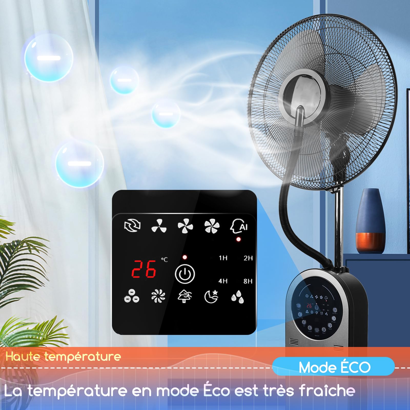 Aigostar Ventilateur Brumisateur sur Pied Puissant et Silencieux, 95W, Oscillation 80°, Ioniseur & Brume Ultrasonique, Réservoir 1.8L, 3 Modes, Minuterie 8H, Télécommande, Écran LED - Forest Mist