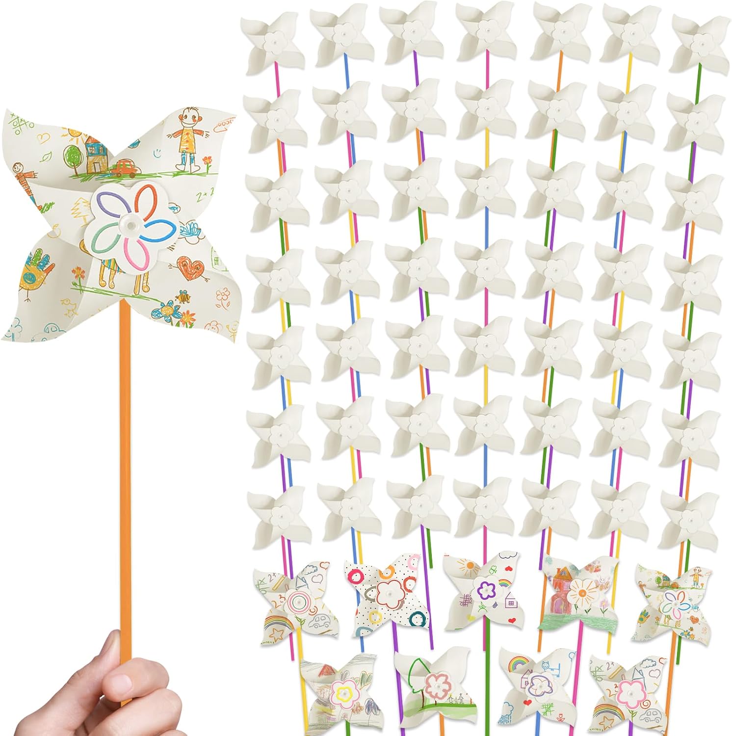 60 Pcs DIY Pinwheels Paper Crafts,Bulk Summer Pinwheel Craft Kit,Color Your Own White Pinwheel for July 4 Party Spring Art and Creativity