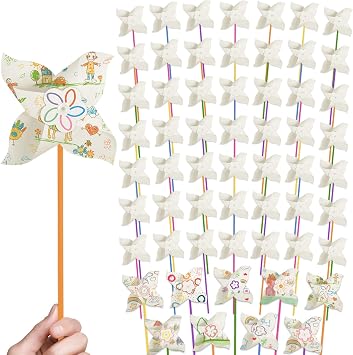 60 Pcs DIY Pinwheels Paper Crafts,Bulk Summer Pinwheel Craft Kit,Color Your Own White Pinwheel for July 4 Party Spring Art and Creativity