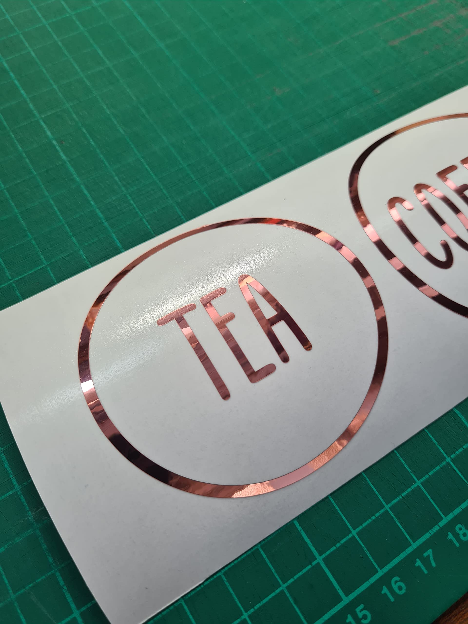 Rose Gold Chrome Tea Coffee Sugar Circle Modern Design Kitchen Jar Canister Labels Vinyl Stickers 70mm x 70mm