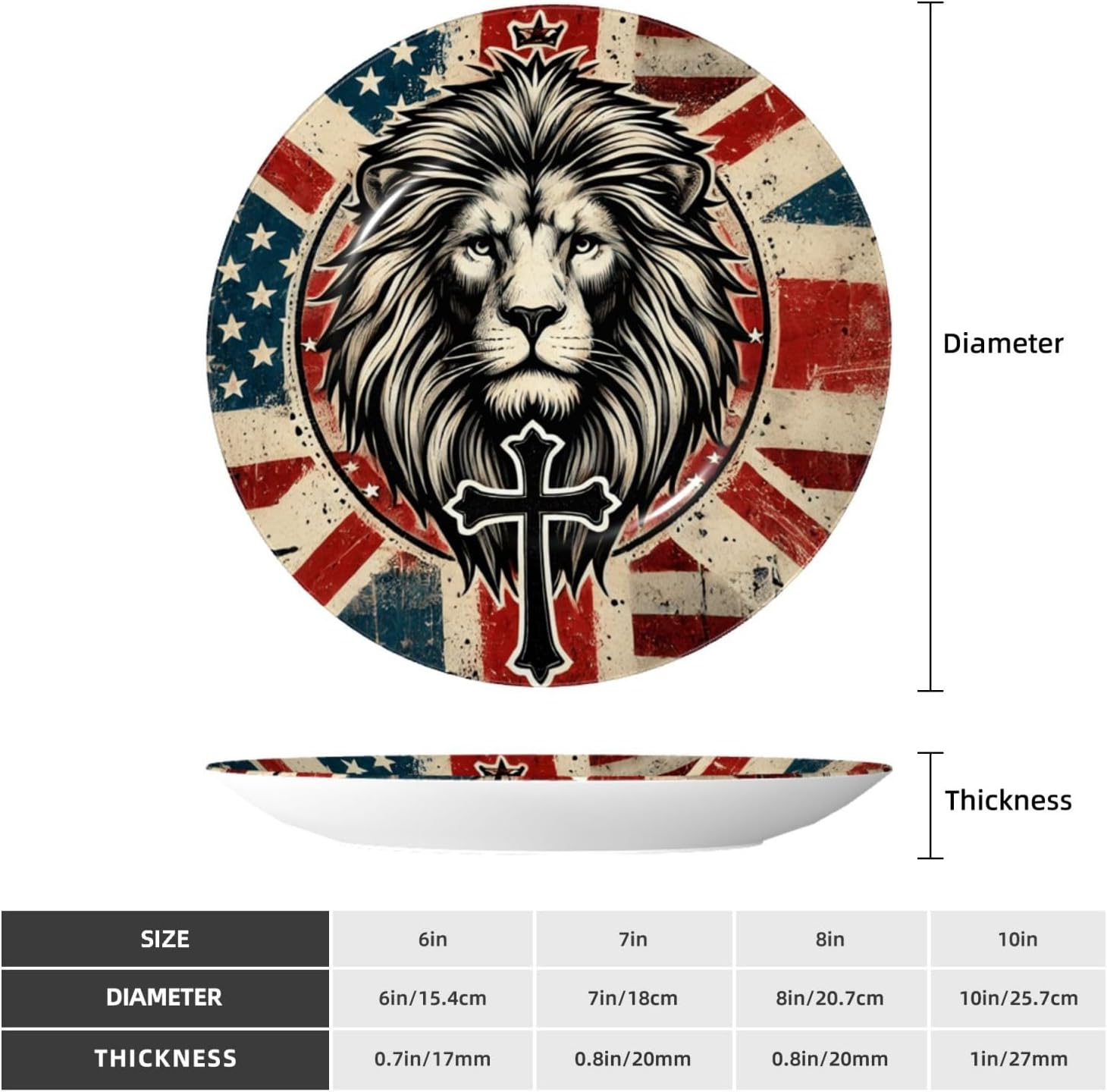 Powerful-Lion-Cross-America 10 Inch Decorative Plate With Stand, Elegant Display Wall Plate For Home Decor
