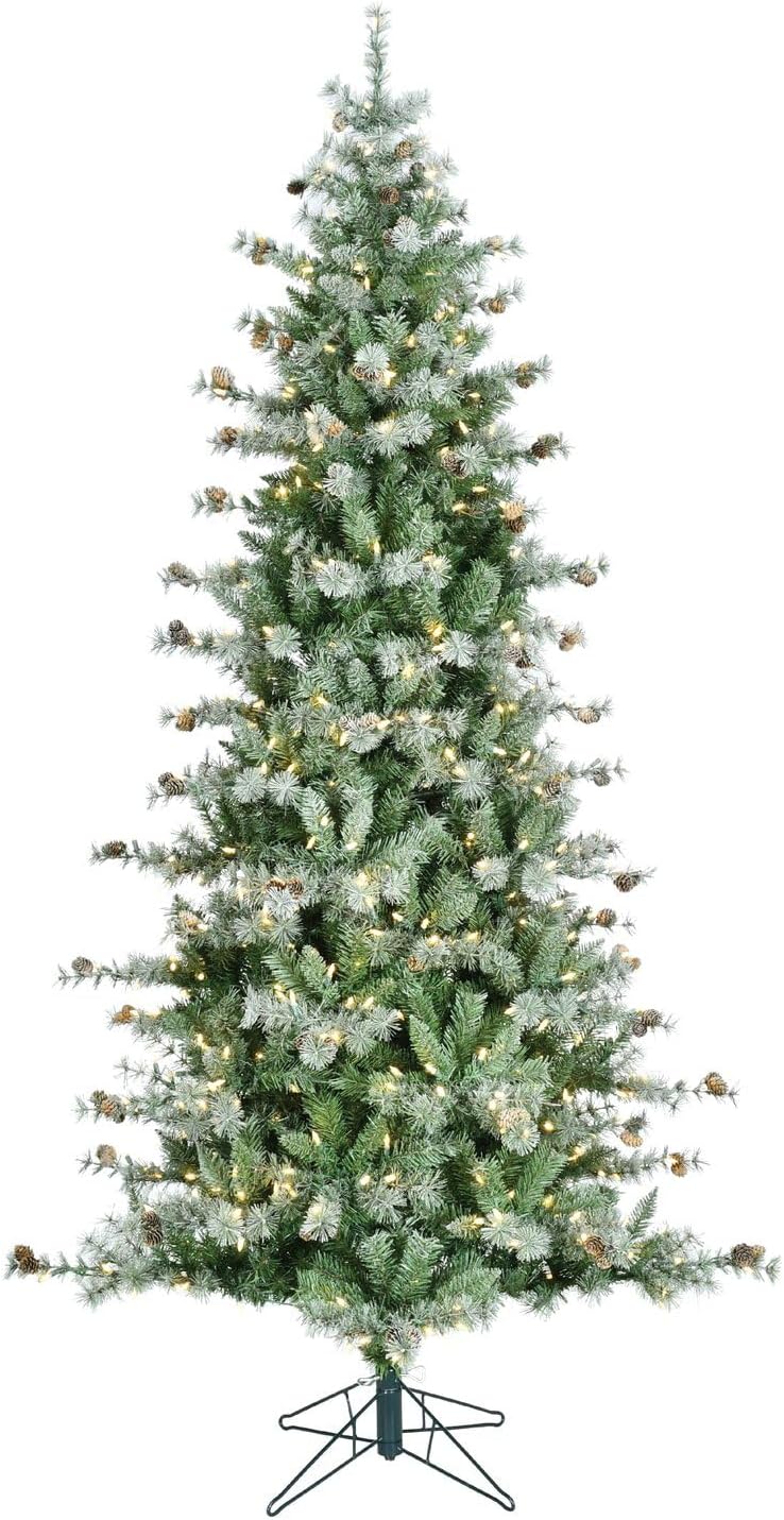 7.5-Ft Buffalo Fir Slim Artificial Christmas Tree with Warm White LED Lights, Prelit Foldable Fake Tree with Realistic Snowy Foliage and Pinecones for Home Decoration