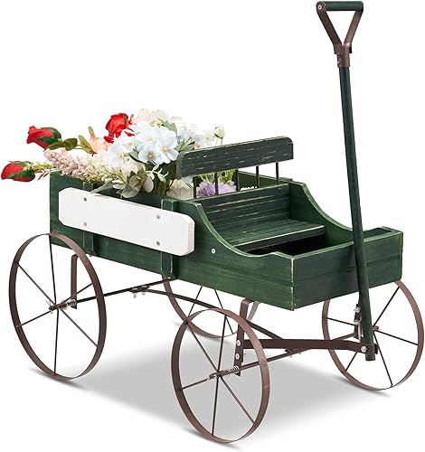 Decoración de rueda de carro de madera, maceta de jardín pequeña decorada con divisor y asa, decoración de porche para interiores y exteriores,