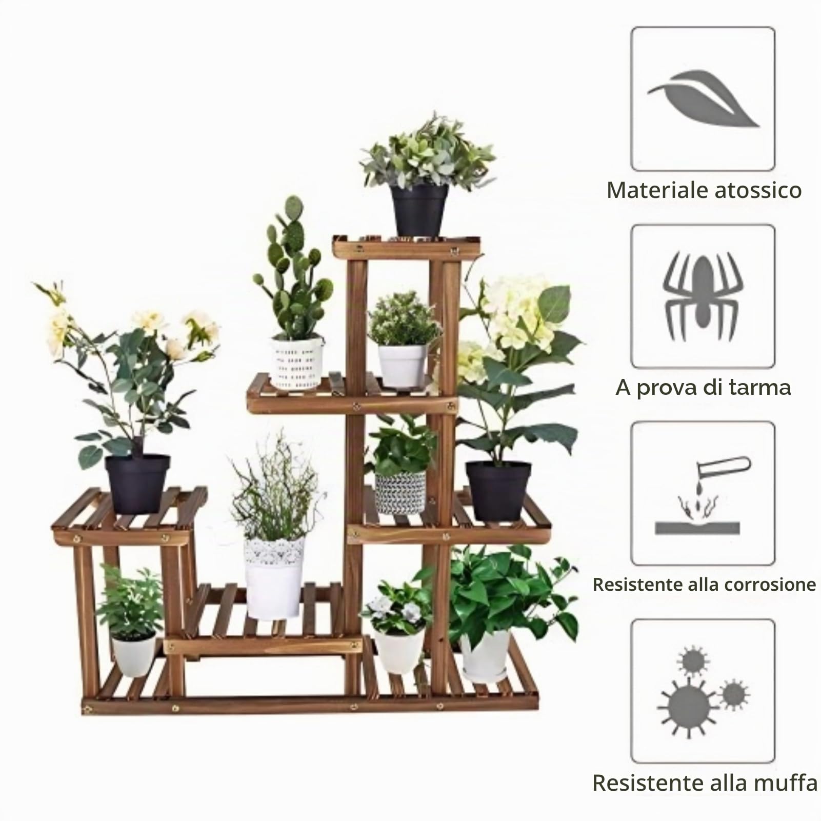 Greensen Scaffale Porta Piante Vasi Fiori in Legno, Supporto per Piante Mensole 6 Ripiani Portapiante per Soggiorno, Balcone, Giardino, 72 x 72 x 20 cm