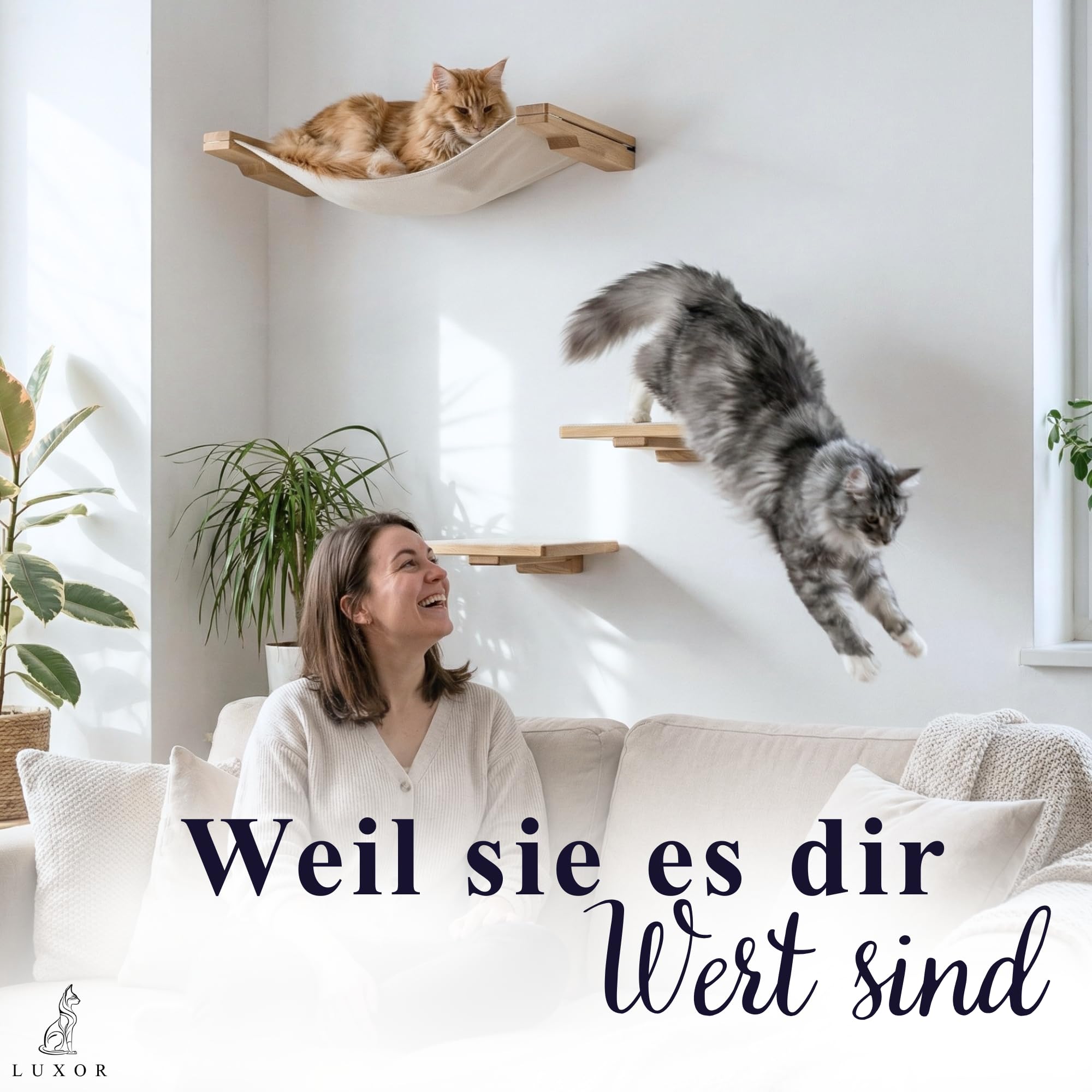 LUXOR Kletterwand Katzen Hängematte inkl. 2X Katzentreppe Wand & Befestigungsmaterial - Stabilität und Langlebigkeit Dank Massivholz und Stahlkonstruktion - mit kratzfestem Leinenstoff