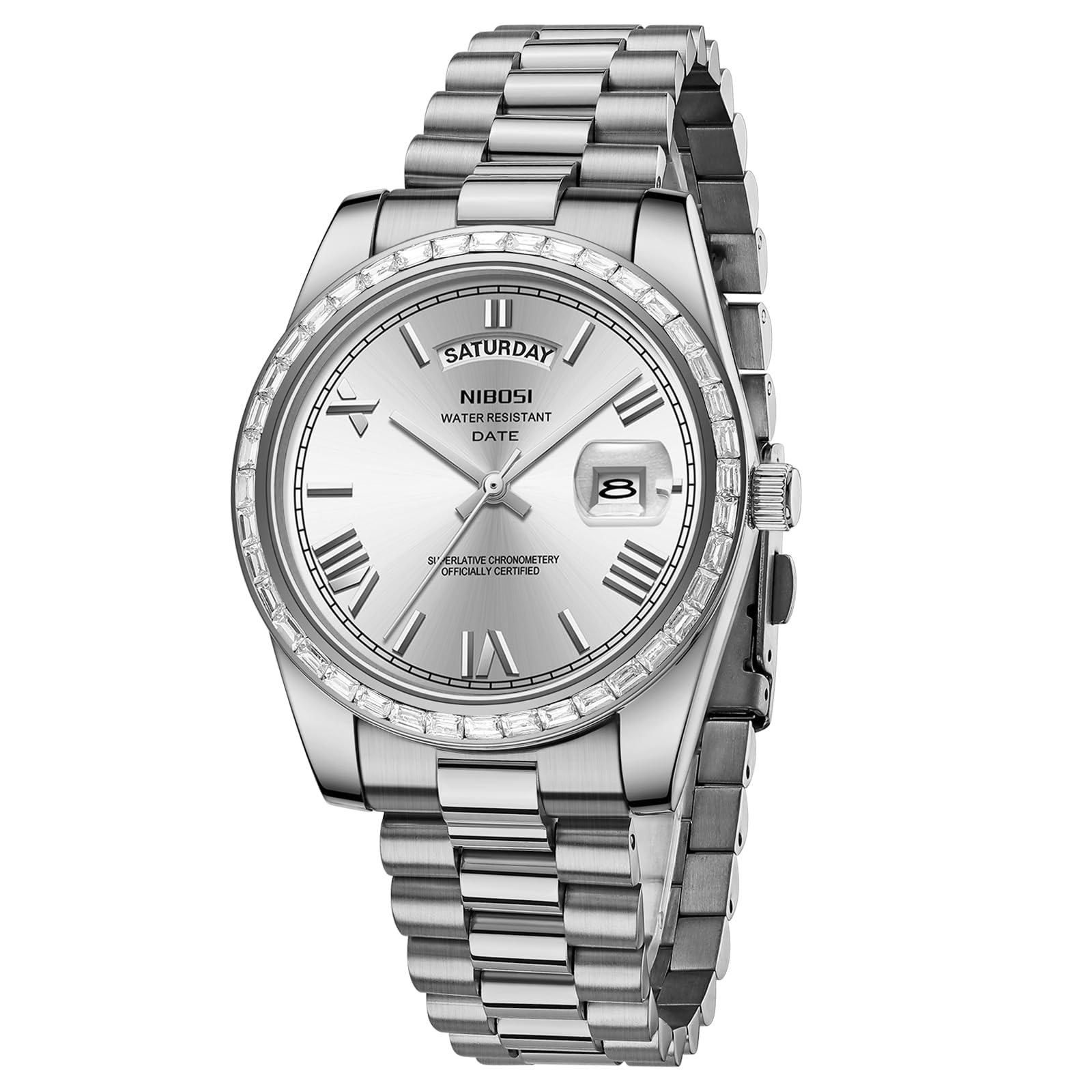 NIBOSI Men's Watches Analog Quartz Diamond Bezel Stainless Steel Dial Rose Gold Silver Watches for Men Waterproof Business Classic Dress Wrist Watch with Day Date