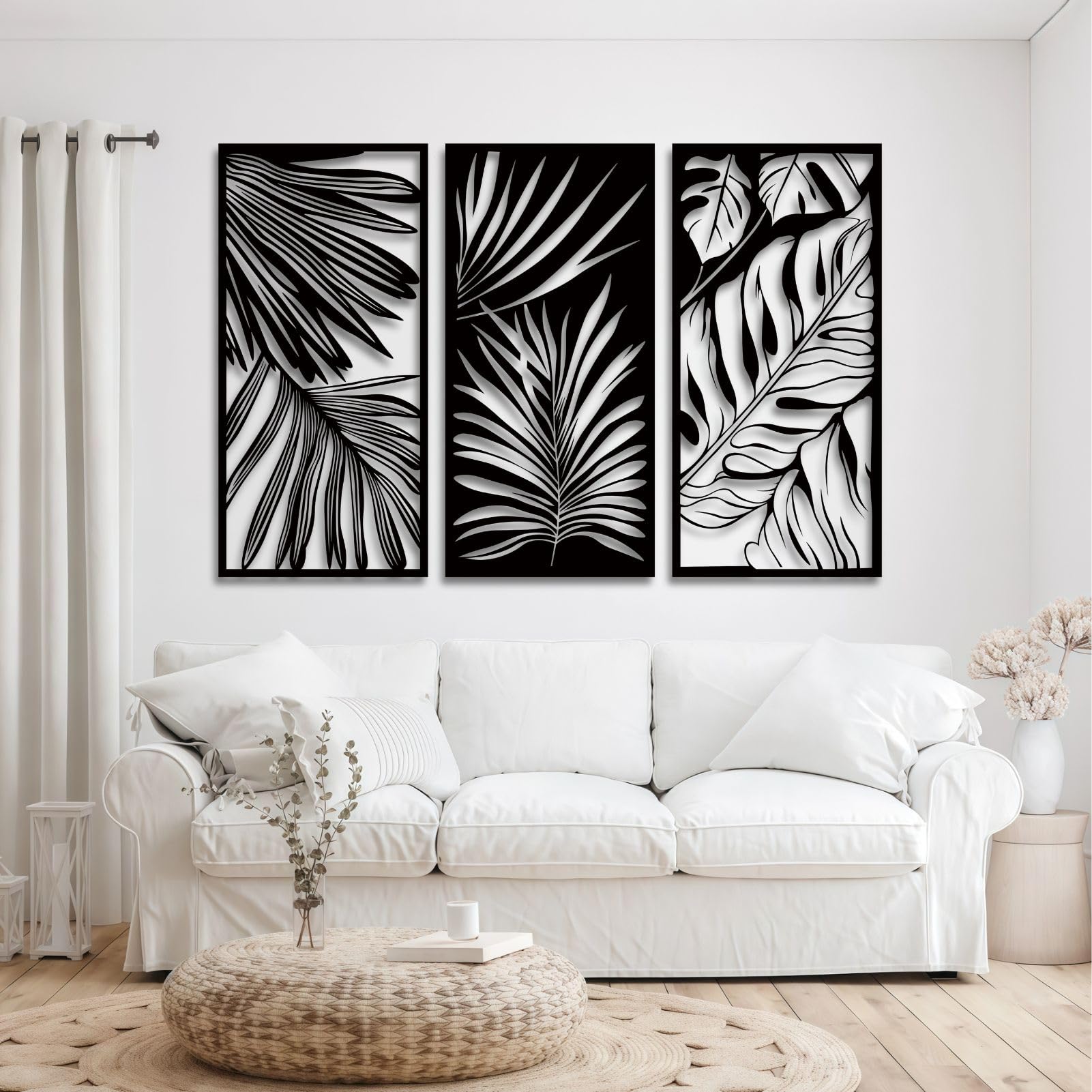 Décoration Murale en métal, Motif Feuilles Tropicales, décor botanique Tropical, Feuilles de Palmier pour Salon (doré, 150 x 72 cm x 3 pièces)