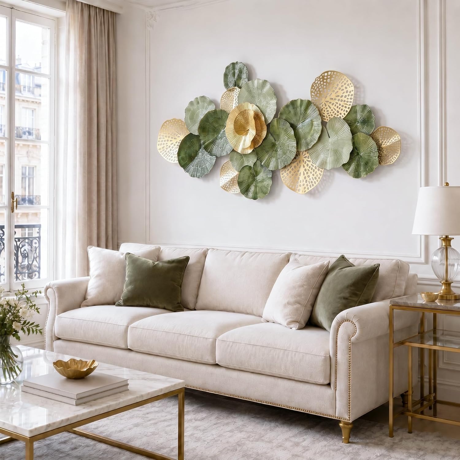 Genérico Gran Decoración Pared de Metal,Hojas de Loto 3D para Salón | 130×64cm,Acabada a Mano,Con Montaje Horizontal O Vertical,Para Dormitorio,Comedor,Despacho,Pasillo Y Hotel