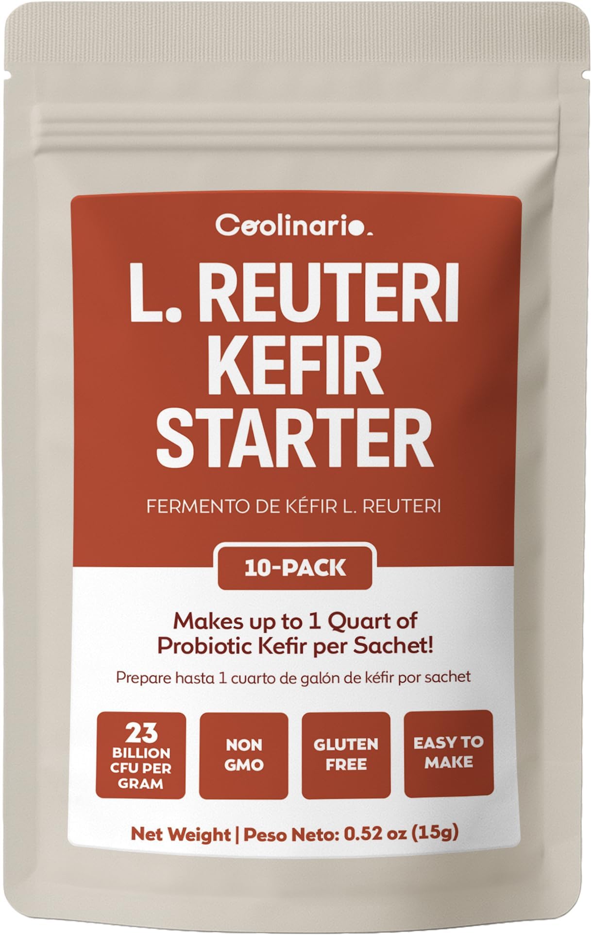 Coolinario L Reuteri Kefir Starter Powder (10-Pack, 1.5g Sachets) Live Kefir Cultures with Lactobacillus Reuteri Probiotics | Creamy & Tangy | Non-GMO, No Preservatives, Gluten Free