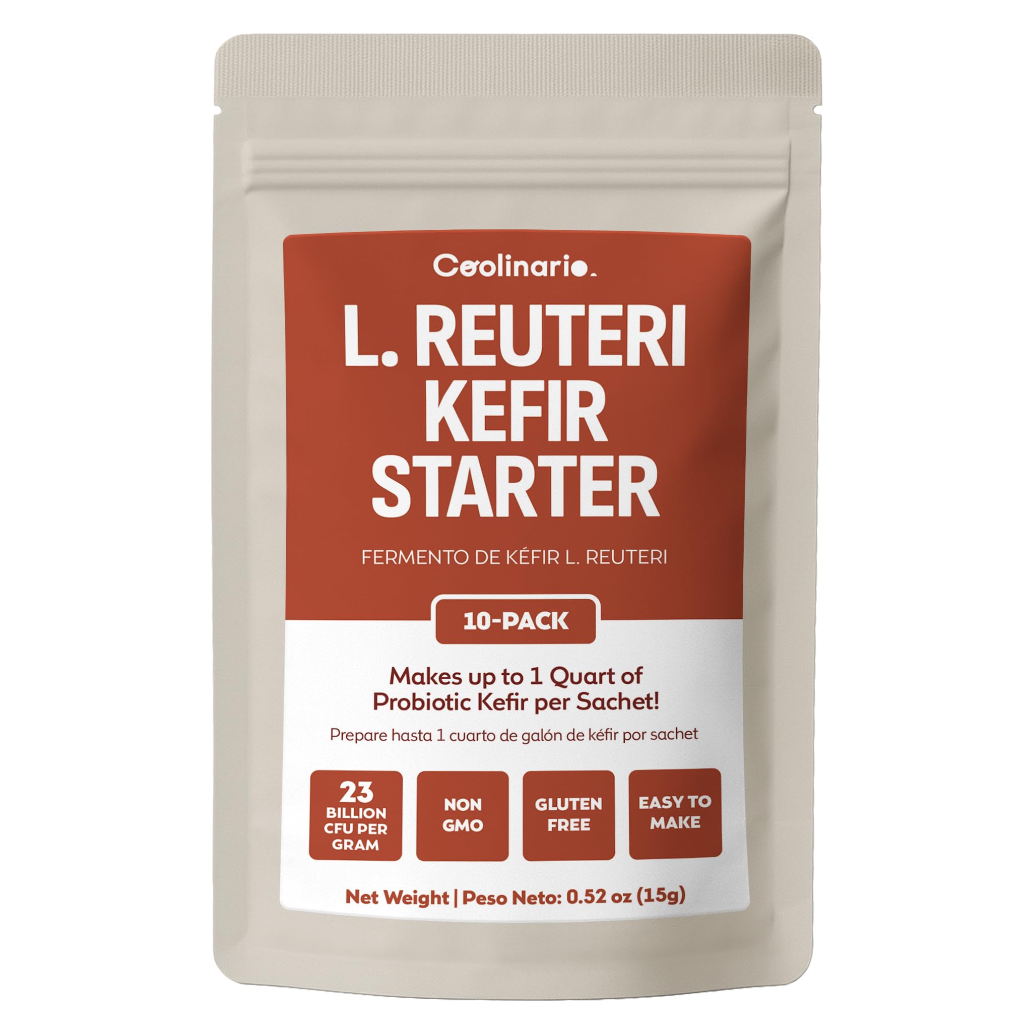Coolinario L Reuteri Kefir Starter Powder (10-Pack, 1.5g Sachets) Live Kefir Cultures with Lactobacillus Reuteri Probiotics | Creamy & Tangy | Non-GMO, No Preservatives, Gluten Free