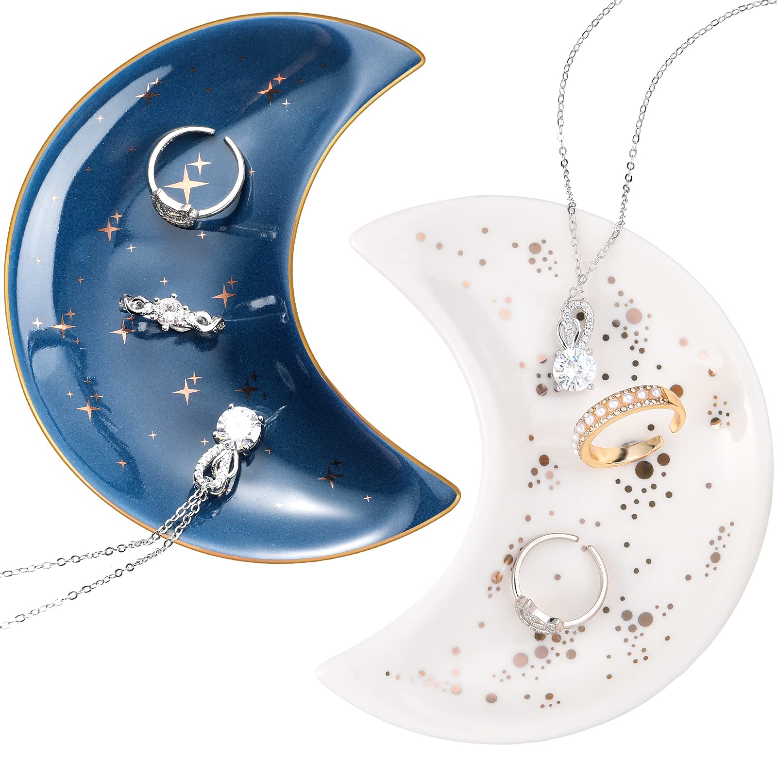 2 Pieces Moon Trinket Tray Jewelry Plate Trinket Dish Tray Ring Ceramics Jewelry Dish Gifts for Rings, Earrings, Bracelets, Necklaces, Crystals Stones(Blue, White)