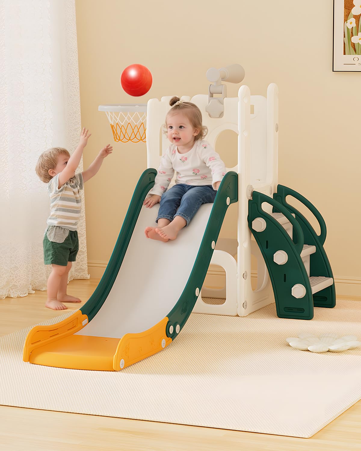 Tobogán Infantil, 5 en 1 Tobogán para Niños Interiores y Exteriores, con Aro de Baloncesto Espacio de Almacenamiento y Telescopio para Niños a Partir de 1 Año, Verde