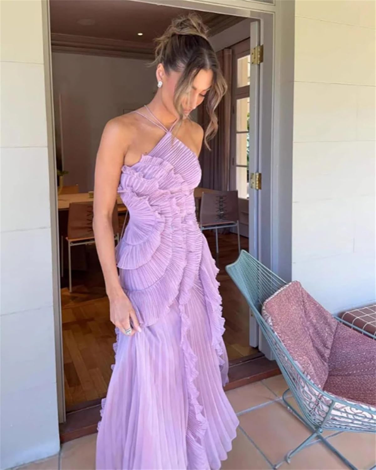 Pleated Lotus Edge Maxi Dress for Women, Backless Halter Sleeveless Asymmetrical Ruffled Tiered Chiffon Flowy Formal Dress