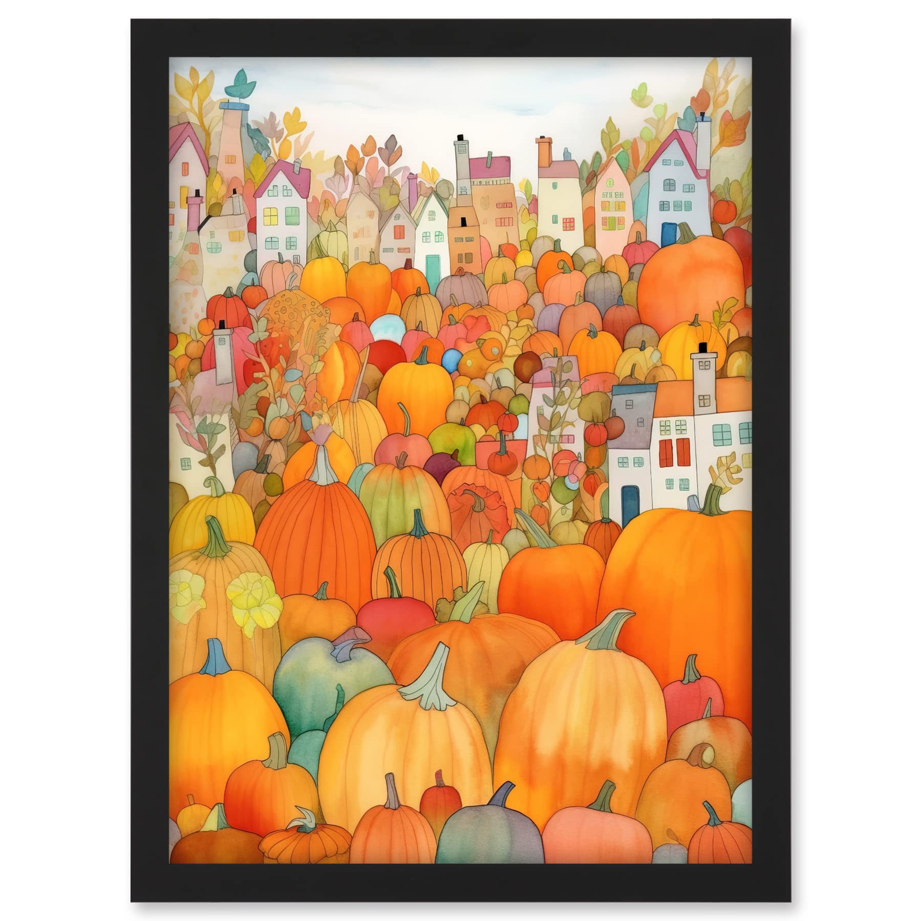 Artery8 Halloween Pumpkin Festival Autumn Harvest Modern Folk Art Watercolour Painting Artwork Framed A3 Wall Art Print