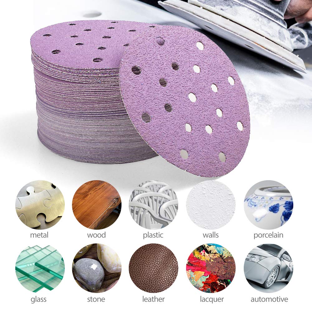 LotFancy Dischi abrasivi 6 pollici 17 fori, 100 pezzi 40 60 80 120 180 220 240 320 400 800 carta vetrata professionale assortita, gancio e anello levigatrice orbitale casuale carta sabbia rotonda