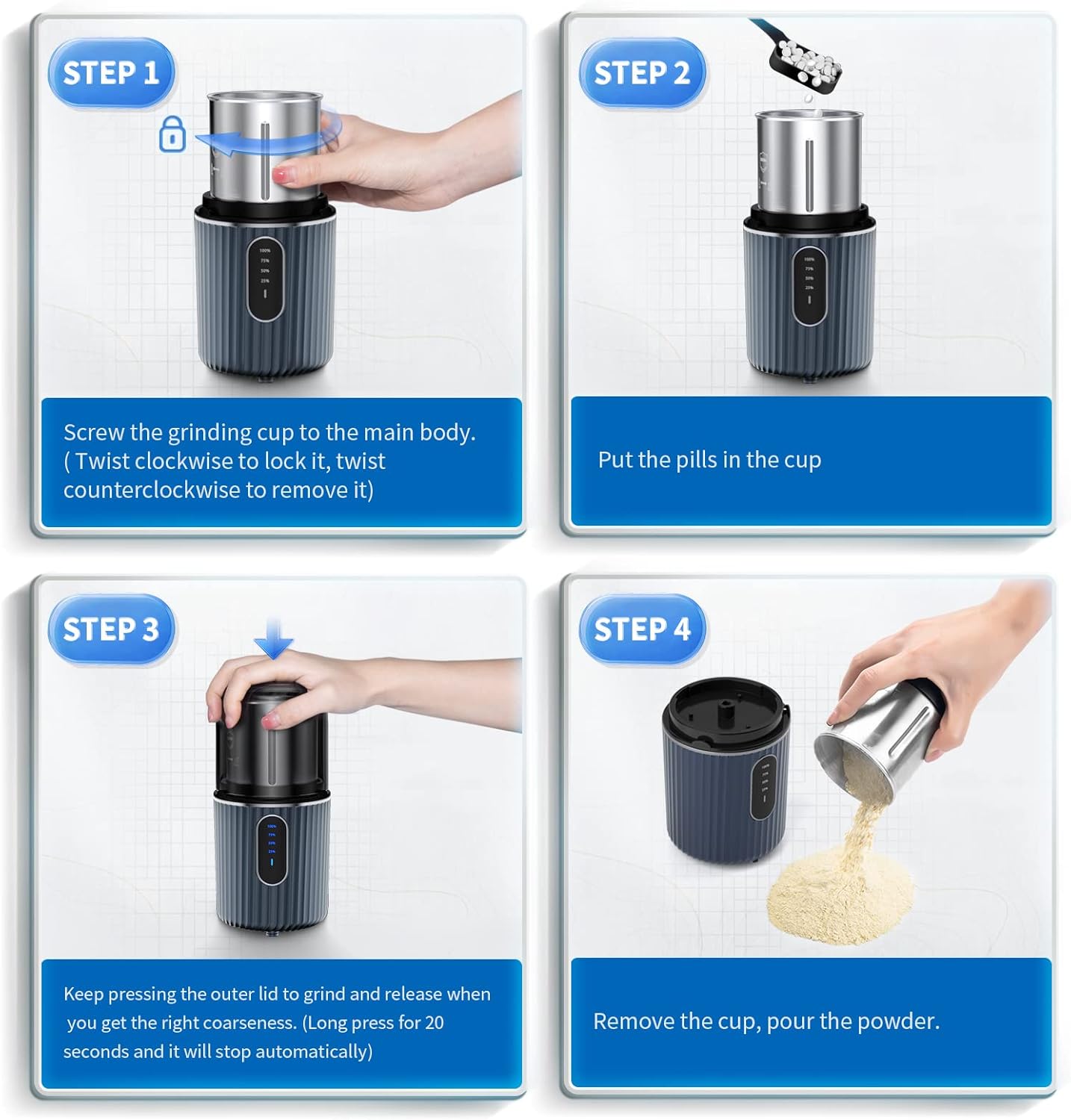 Four-step visual guide for using the pill crusher: 1. Screw grinding cup to main body. 2. Put pills in cup. 3. Press outer lid to grind. 4. Remove cup and pour powder.