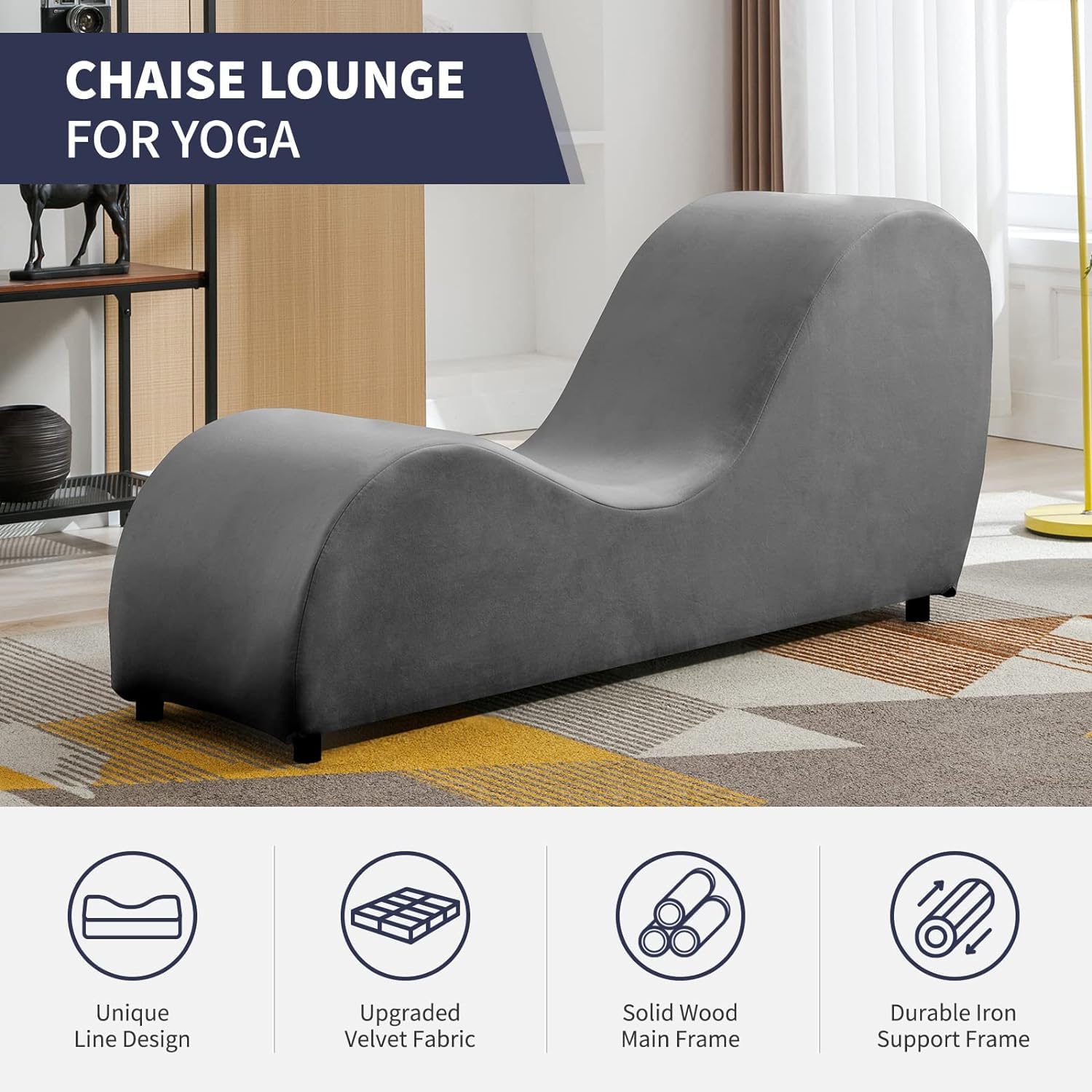 iJuicy Modern Chaise Lounge for Stretching, Relaxation, Meditation - Velvet Material, Curved Design, Suitable for Bedroom, Living Room-: Dark Grey