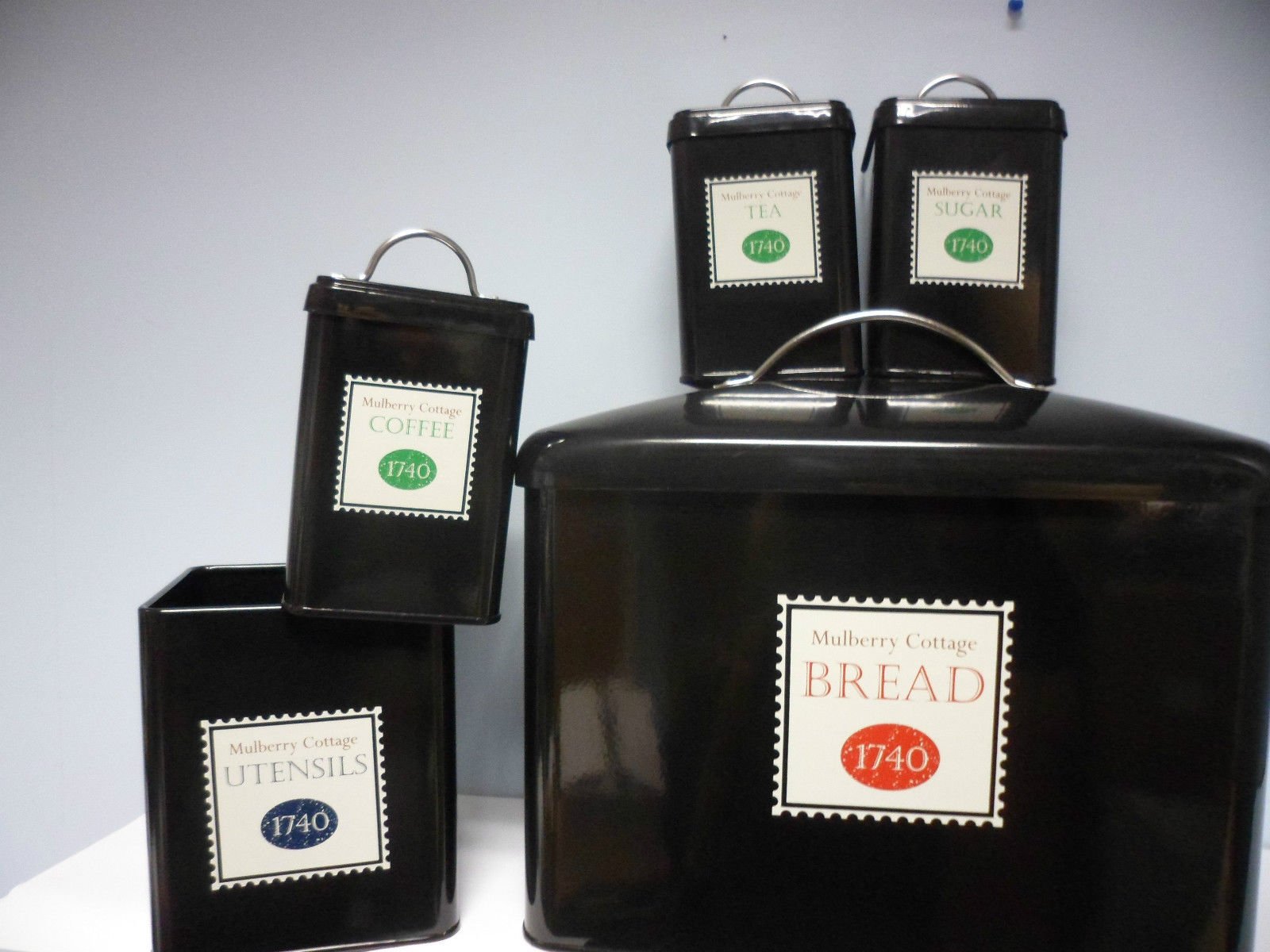 5Pc Metal Tea Sugar Coffee Jars/Canisters Bread Bin & Utensil Holder Set Kitchen MULBERRY COTTAGE