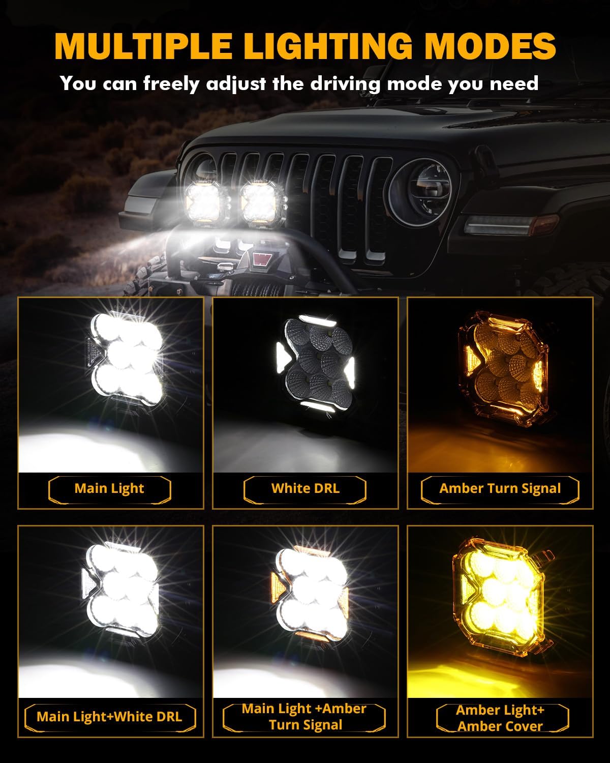 Auxbeam Cube-Z Series LED Cube Pod Lights, 4 Inch 112W Flood Driving Light with White DRL&Amber Turn Signal Light, 12800LM Hyper Bright Offroad Ditch Pods with Amber Cover for Truck SUV ATV UTV, Pair