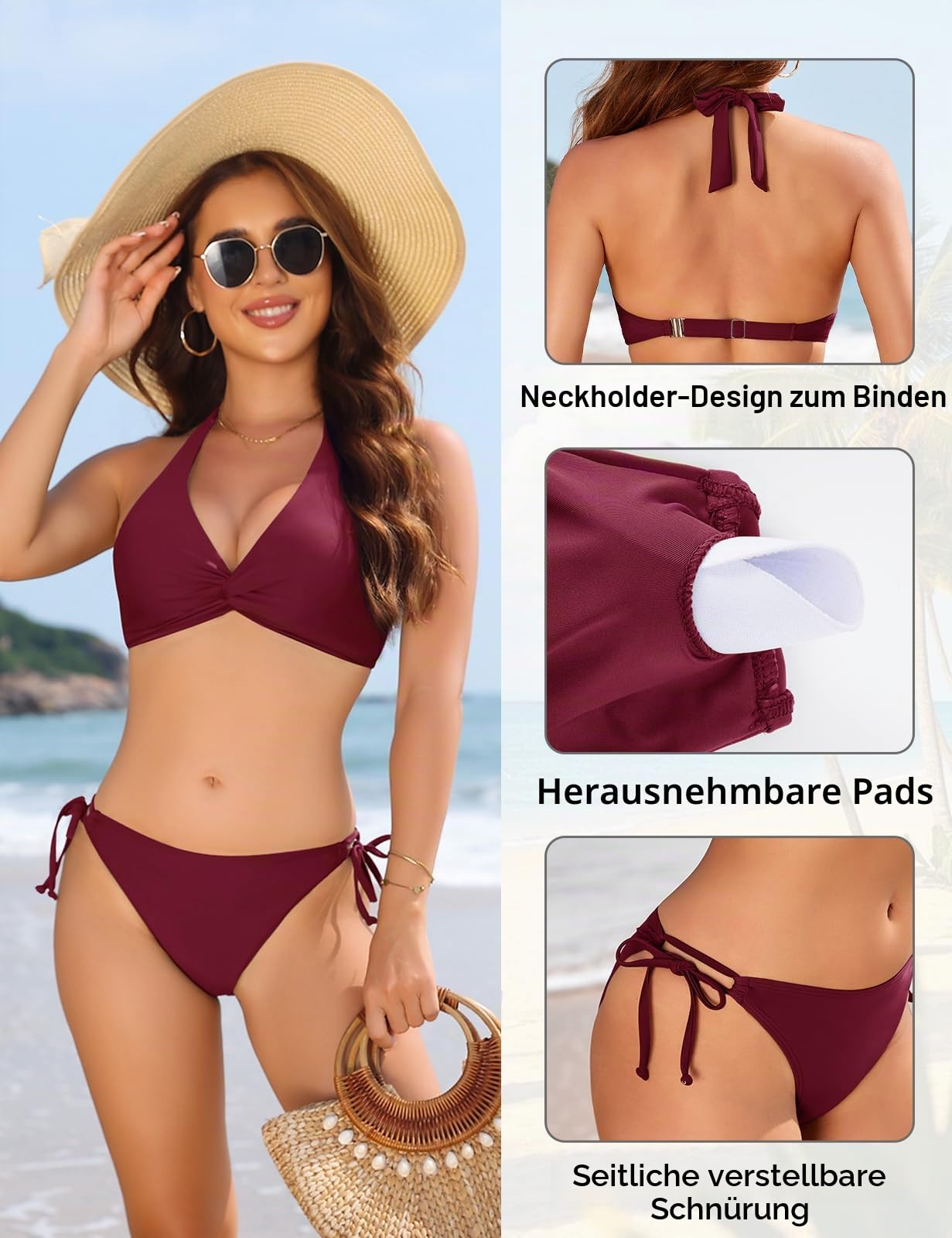 Bikini Damen Set V Ausschnitt Zweiteiler Damen Sommer Neckholder Top Push Up Bikinis Bademode Swimsuit