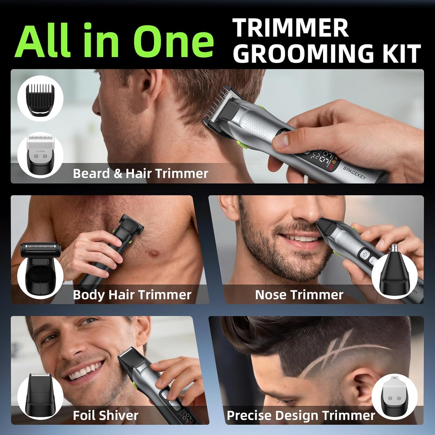 Beard Trimmer for Men, 15 Pieces Mens Grooming Kit, 5 in 1 Stainless Steel Blade Cordless Hair Clippers, 150-Min Long Runtime, IPX7 Waterproof, 3 Speeds Body Hair Trimmer for Nose, Ear, Face, Chest