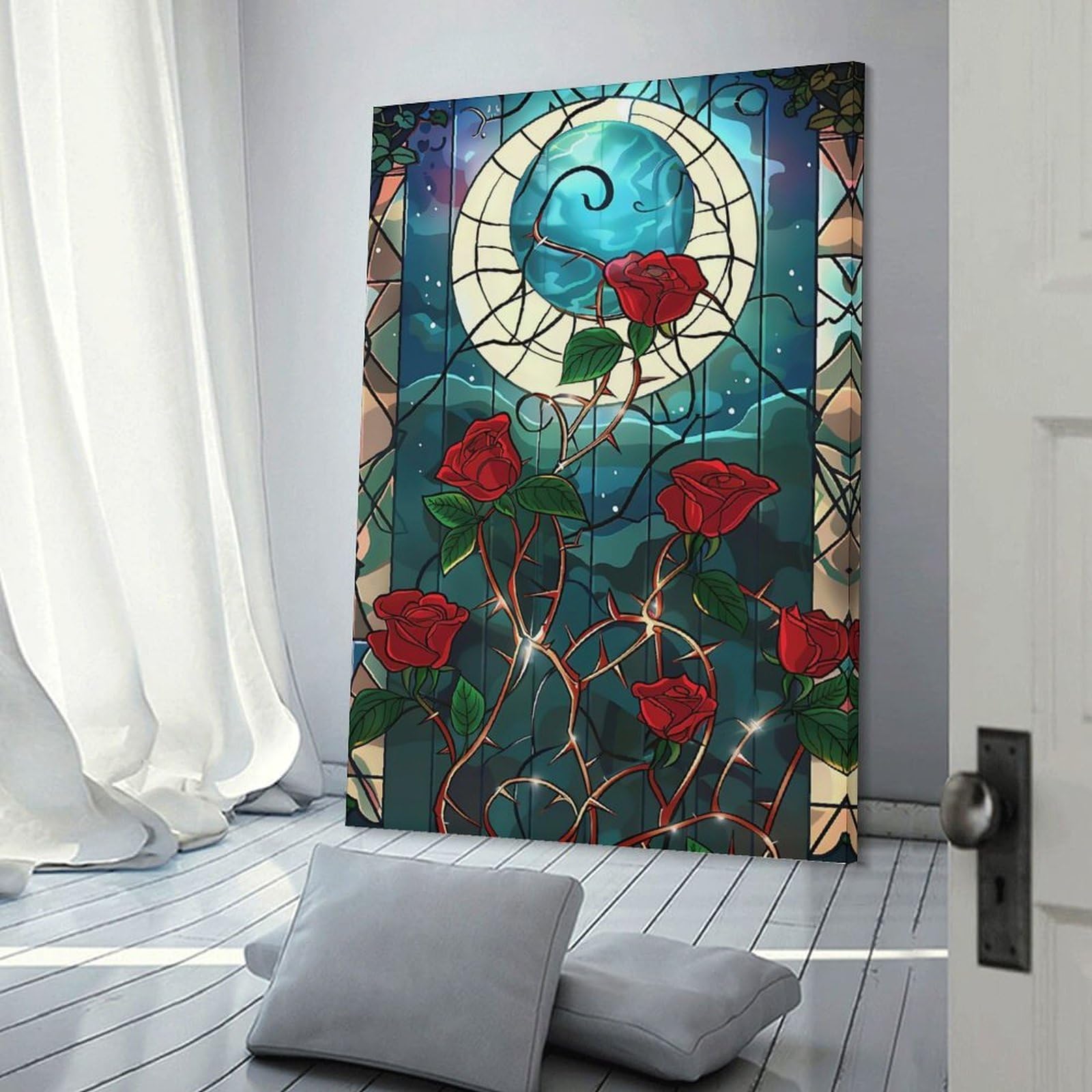 Junmoney Wall Decor Canvas Print Stained Glass Roses with Moon, 20x30inch(50x75cm), for Study, Office Or Apartment Decor, Canvas Artwork with Gifting Potential