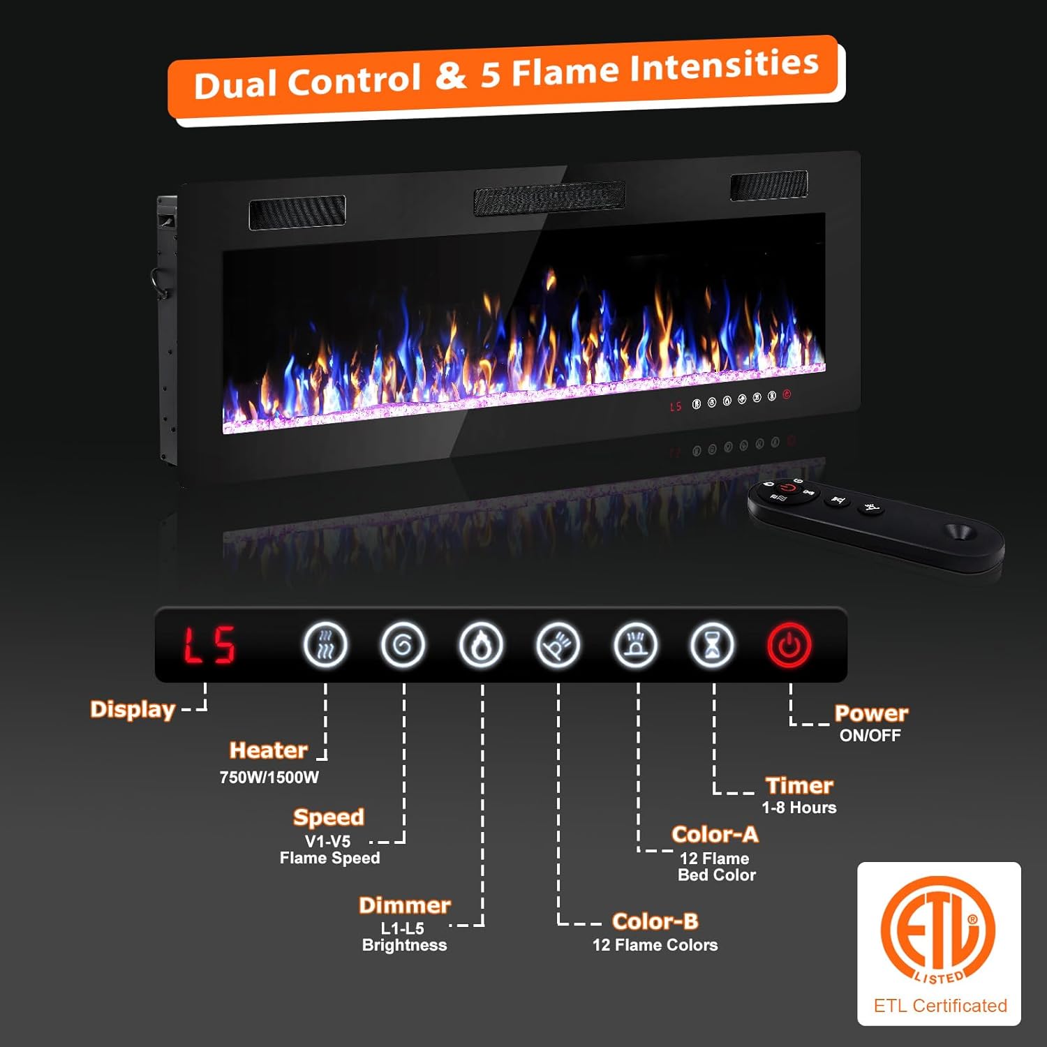 50 Inch Electric Fireplace, Ultra Thin Fire Places Electric Fireplace Inserts Recessed and Wall Mounted with Remote Control & Touch Screen, 750W/1500W Fireplace Electric Heater with Timer, Multi-Flame