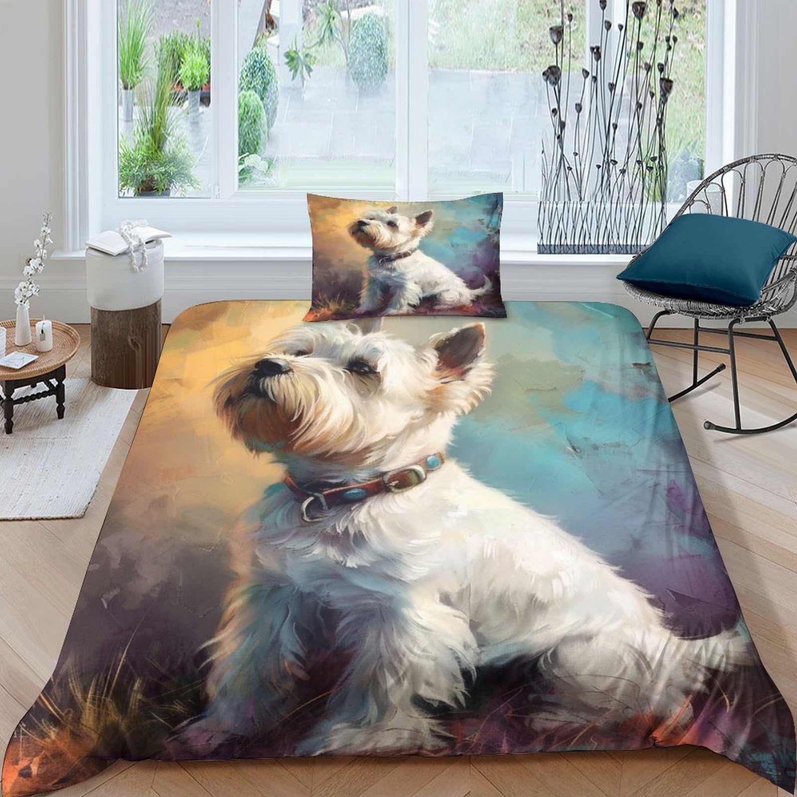 Parure de lit chien maltais 3D en microfbre avec housse de couette single 135x200 et taies d'oreiller