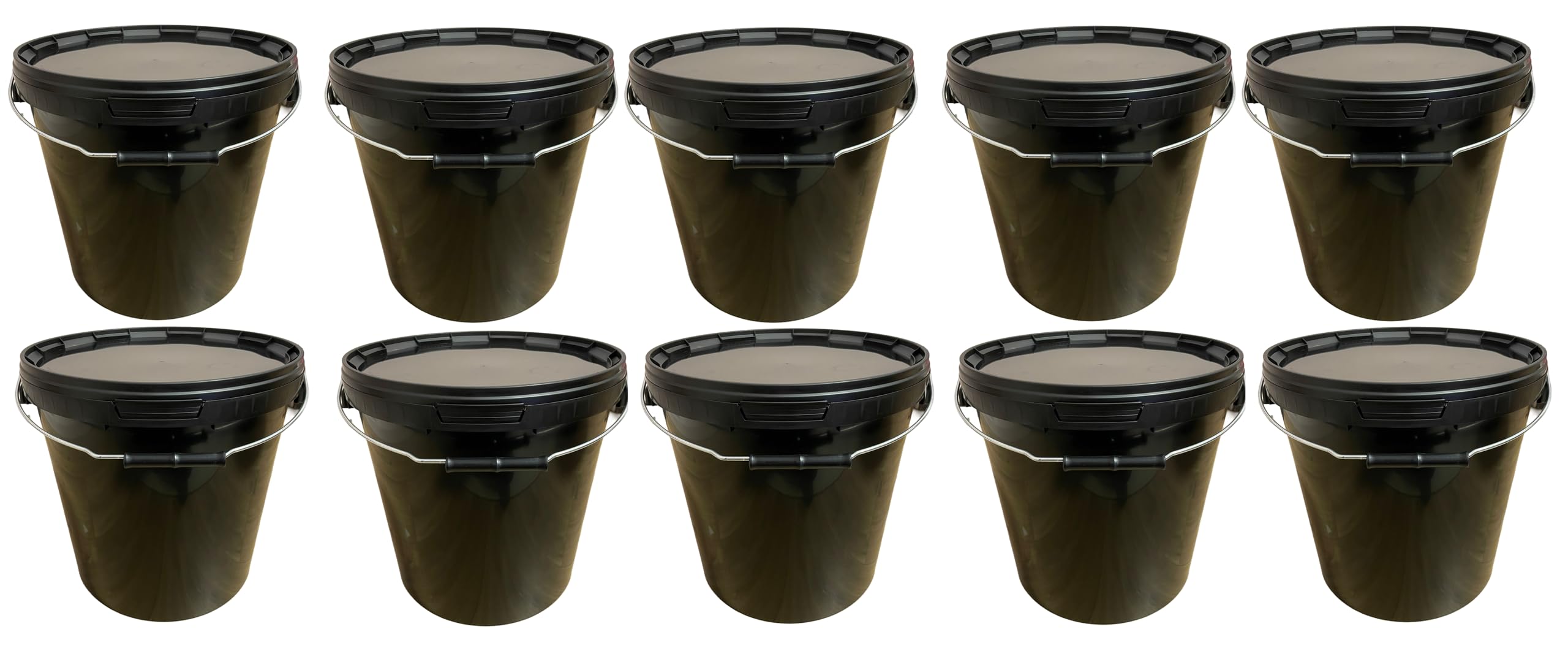 Lot de 10 seaux de 20 litres avec couvercle noir - En plastique - Pour aliments, produits chimiques et farines - Empilables - En plastique