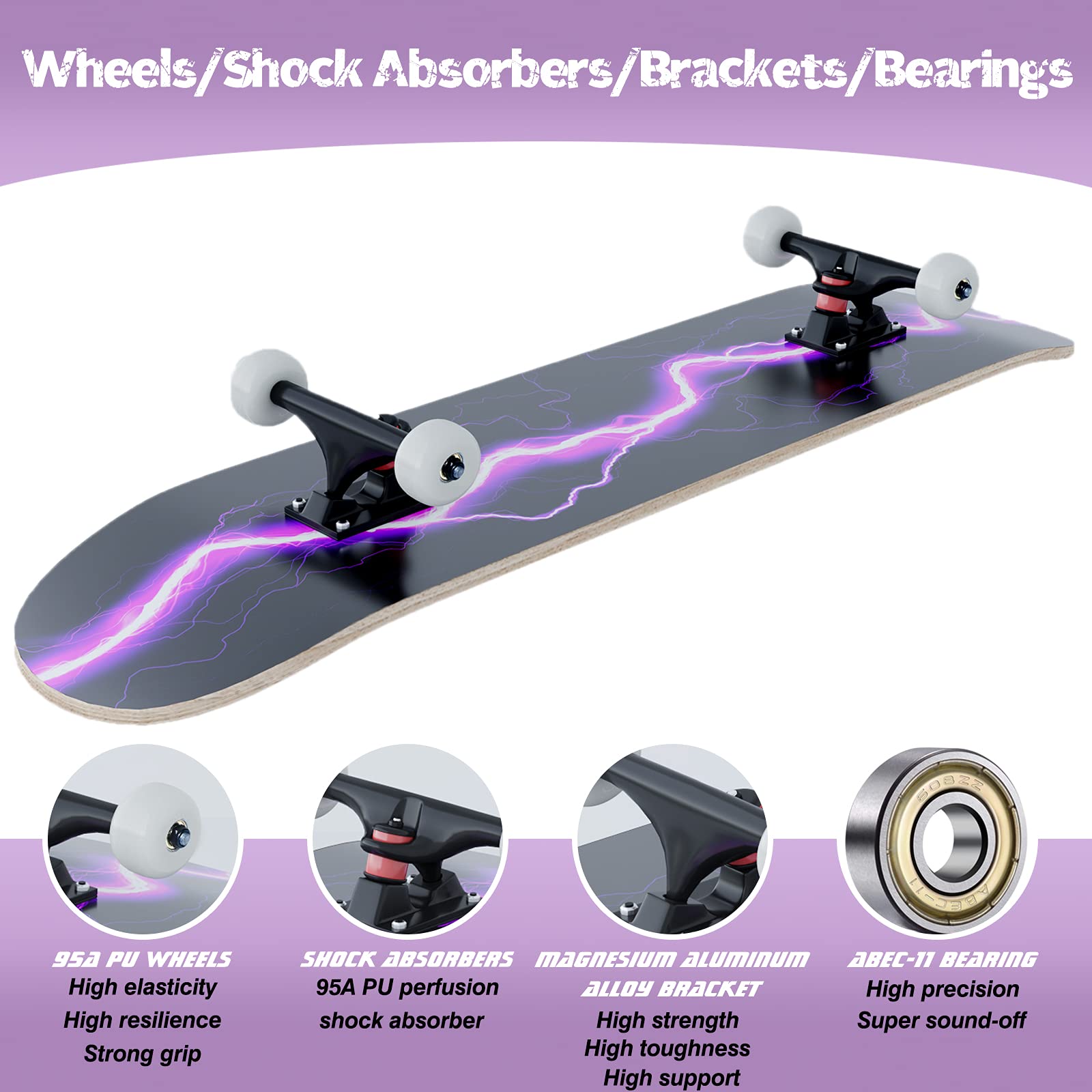 Skateboard Débutant Double Inclinaison - Érable Canadien, Roulements ABEC-11 (80x20cm)